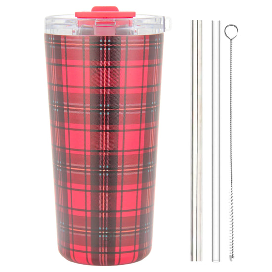 DRINCO® Seattle 20oz Insulated Tumbler Leakproof w/straw-Tartan Plaid by Orchid Lavender Tumblers