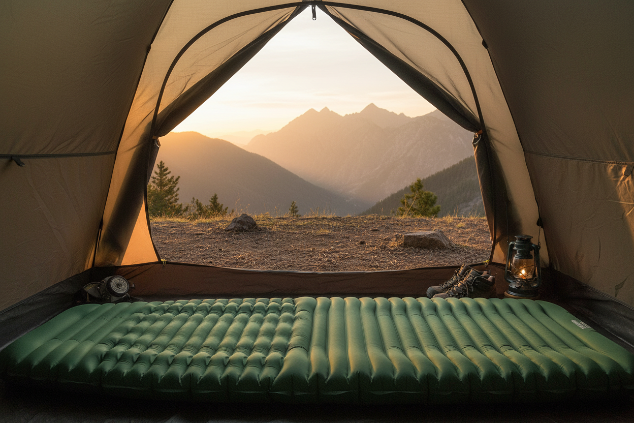 Outdoor Essentials green inflatable mattress for all of your outdoor needs inside a tent at sunset with mountains.