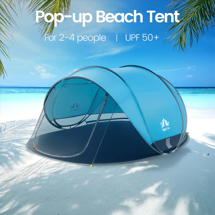 Night Cat UPF 50+ Pop-Up Beach Tent for 2-4 Persons - Easy Setup, Outdoor Camping Tent, UV Resistant Canopy, Windproof, Portable Sunshade Shelter (285X200X115Cm) with Mesh Panels, Storage Pockets - Camping Gear for Family Beach Outings, Picnics by Cosmic Inventory