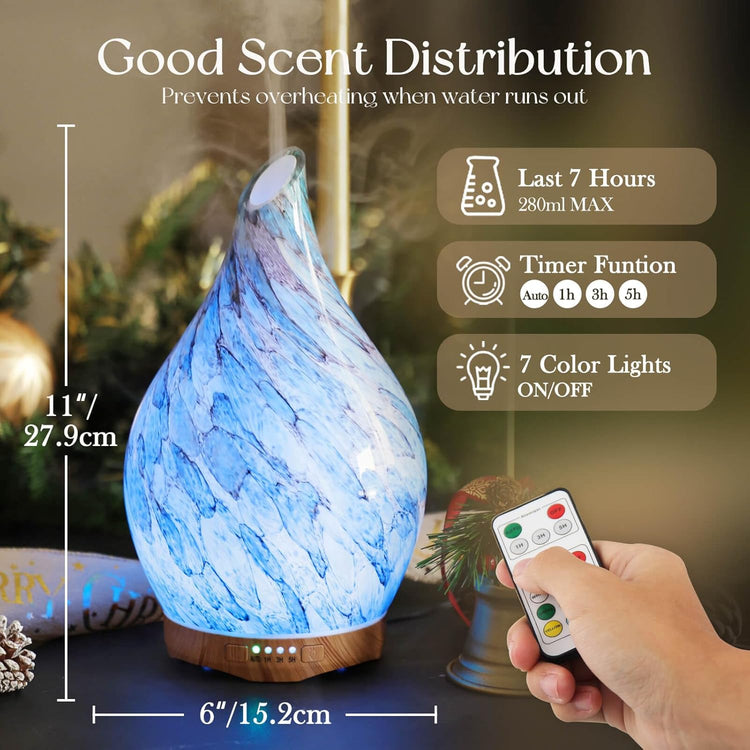 280Ml Essential Oil Diffuser Glass Color Changing Aroma Air Diffusers Aromatherapy Ultrasonic Cool Mist Humidifier with Remote Control 7 Running Hours Waterless Auto-Off (Light Blue) by Cosmic Inventory