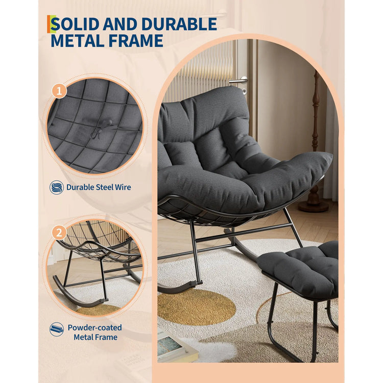 Oversized Outdoor Papasan Egg Rocking Chair with Ottoman – 5" Thick Cushion – Heavy Duty Steel Frame & Uv-Resistant Wicker – 350 Lbs Capacity – Modern Patio Lounge Chair for Balcony, Garden, Living Room by Cosmic Inventory