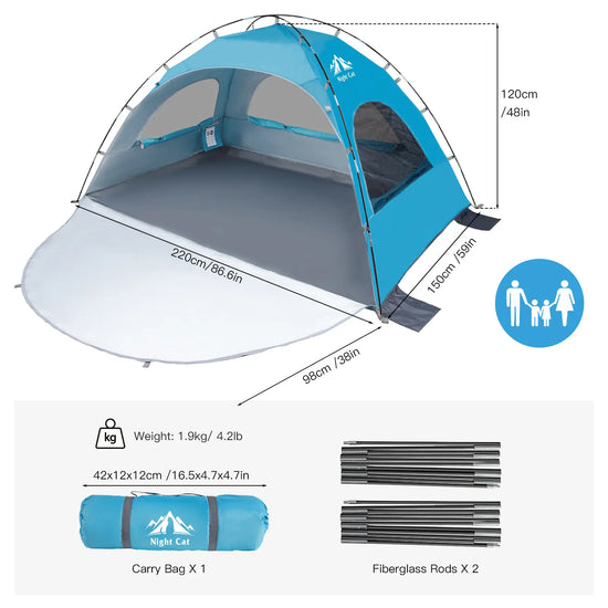 Night Cat UPF 50+ Pop-Up Beach Tent for 2-4 Persons - Easy Setup, Outdoor Camping Tent, UV Resistant Canopy, Windproof, Portable Sunshade Shelter (285X200X115Cm) with Mesh Panels, Storage Pockets - Camping Gear for Family Beach Outings, Picnics by Cosmic Inventory