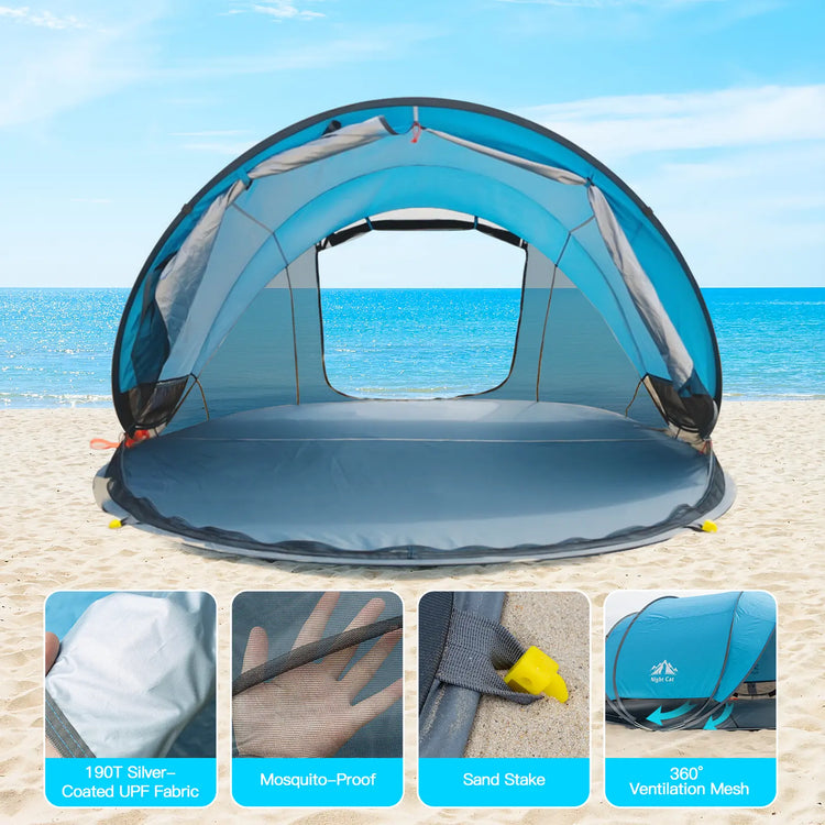 Night Cat UPF 50+ Pop-Up Beach Tent for 2-4 Persons - Easy Setup, Outdoor Camping Tent, UV Resistant Canopy, Windproof, Portable Sunshade Shelter (285X200X115Cm) with Mesh Panels, Storage Pockets - Camping Gear for Family Beach Outings, Picnics by Cosmic Inventory