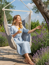 Hammock Chair Hanging Swing Max 500 Lbs 2 Cushions Included Metal Spreader Bar with Anti-Slip Grooves Portable Hanging Chair Side Pocket Large Macrame Bohemian Chair Indoor Outdoor by Cosmic Inventory