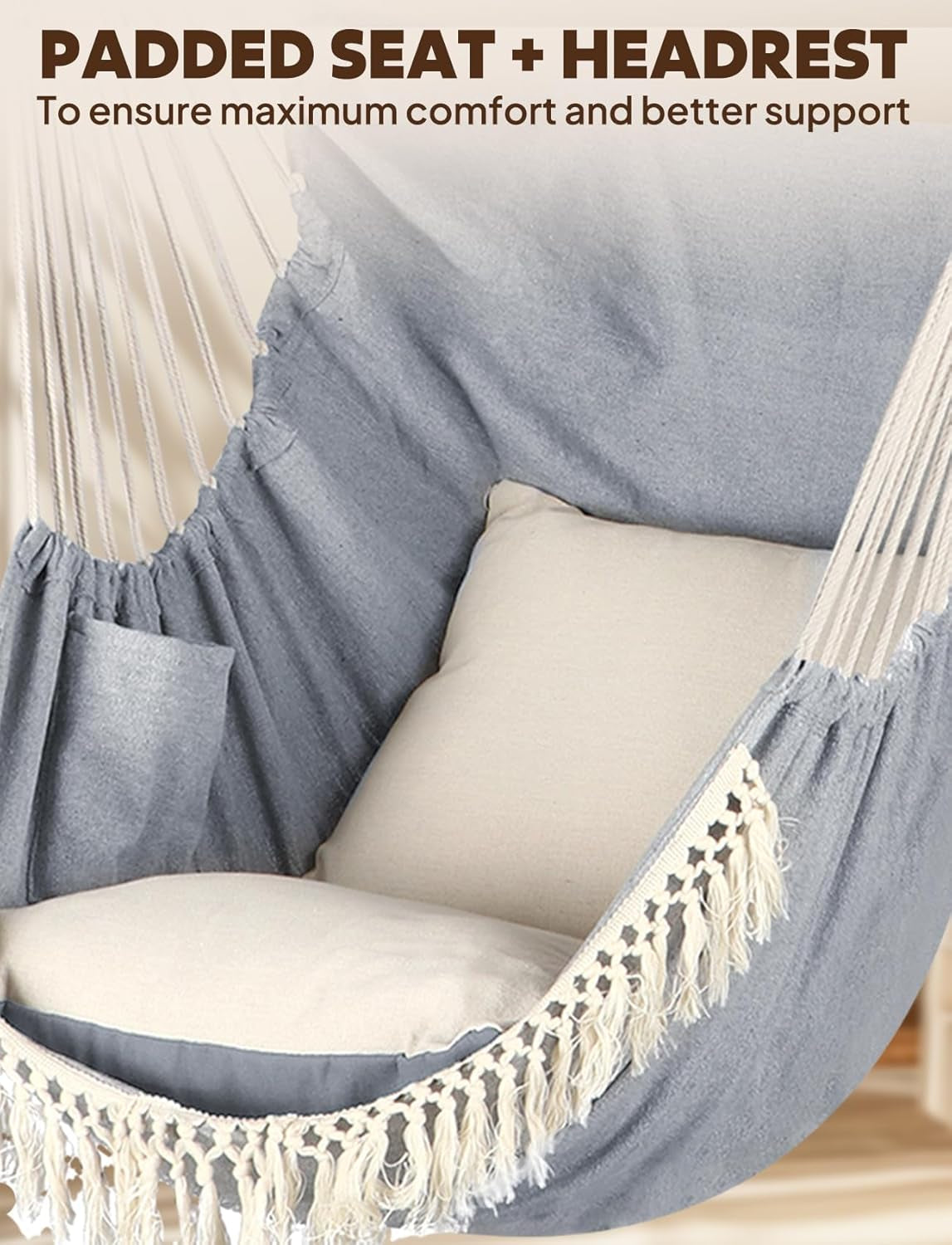 Hammock Chair Hanging Swing Max 500 Lbs 2 Cushions Included Metal Spreader Bar with Anti-Slip Grooves Portable Hanging Chair Side Pocket Large Macrame Bohemian Chair Indoor Outdoor by Cosmic Inventory