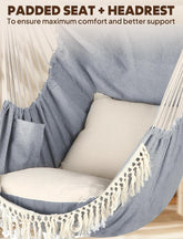 Hammock Chair Hanging Swing Max 500 Lbs 2 Cushions Included Metal Spreader Bar with Anti-Slip Grooves Portable Hanging Chair Side Pocket Large Macrame Bohemian Chair Indoor Outdoor by Cosmic Inventory