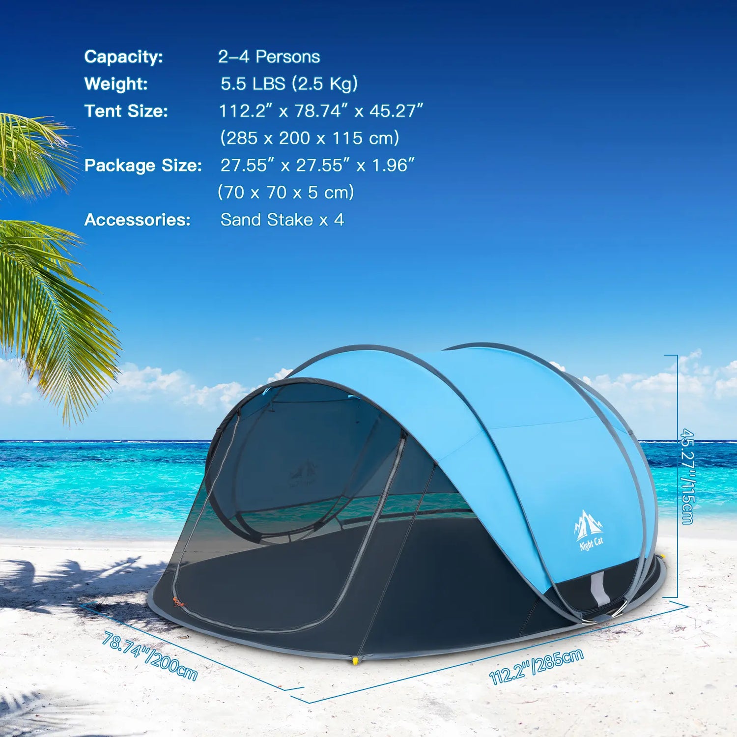 Night Cat UPF 50+ Pop-Up Beach Tent for 2-4 Persons - Easy Setup, Outdoor Camping Tent, UV Resistant Canopy, Windproof, Portable Sunshade Shelter (285X200X115Cm) with Mesh Panels, Storage Pockets - Camping Gear for Family Beach Outings, Picnics by Cosmic Inventory