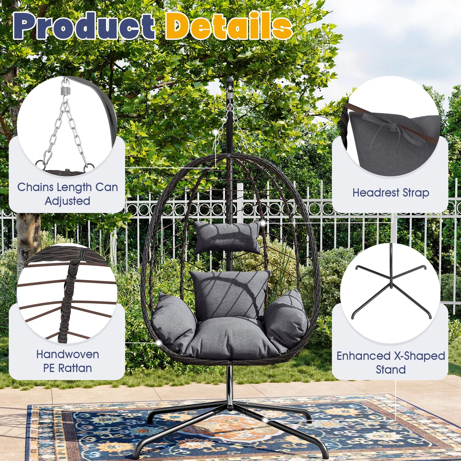 【Summergarden】Indoor and Outdoor Universal Hanging Basket Chair with Stand(82*35.5*), Hand-Woven PE Rattan Swing Chair with Fallfreshness Cushion, Adjustable Chain Length, Suitable for Bedroom, Balcony, Garden by Cosmic Inventory