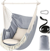 Hammock Chair Hanging Swing Max 500 Lbs 2 Cushions Included Metal Spreader Bar with Anti-Slip Grooves Portable Hanging Chair Side Pocket Large Macrame Bohemian Chair Indoor Outdoor by Cosmic Inventory