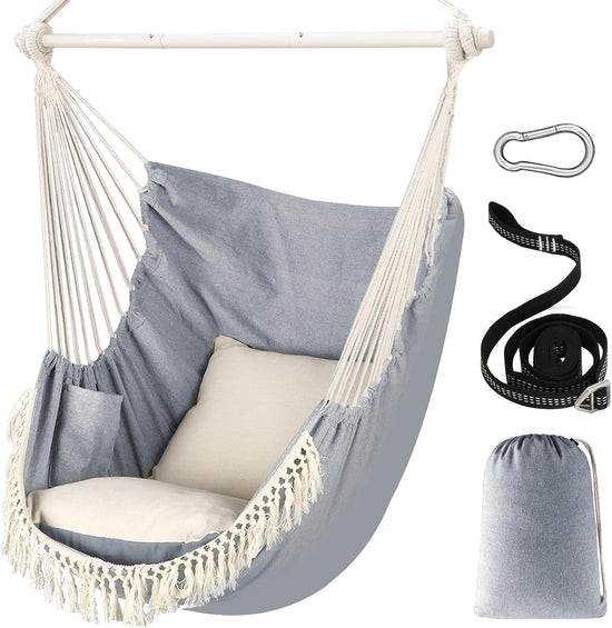 Hammock Chair Hanging Swing Max 500 Lbs 2 Cushions Included Metal Spreader Bar with Anti-Slip Grooves Portable Hanging Chair Side Pocket Large Macrame Bohemian Chair Indoor Outdoor by Cosmic Inventory