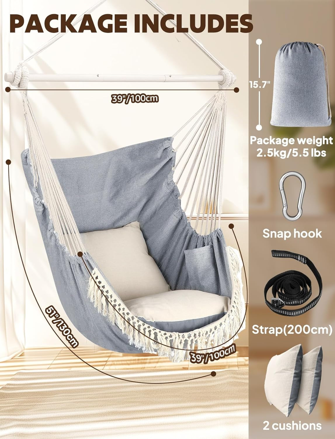 Hammock Chair Hanging Swing Max 500 Lbs 2 Cushions Included Metal Spreader Bar with Anti-Slip Grooves Portable Hanging Chair Side Pocket Large Macrame Bohemian Chair Indoor Outdoor by Cosmic Inventory