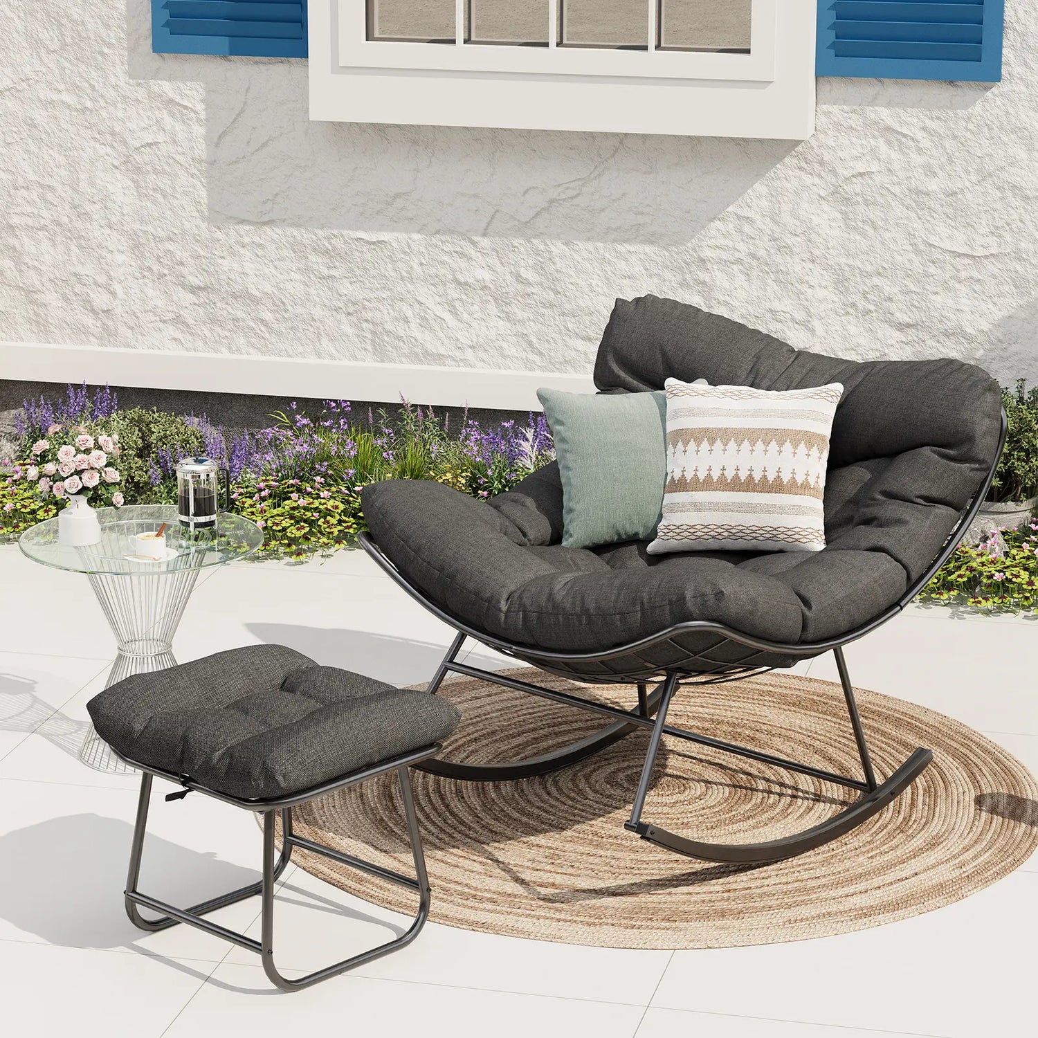 Oversized Outdoor Papasan Egg Rocking Chair with Ottoman – 5" Thick Cushion – Heavy Duty Steel Frame & Uv-Resistant Wicker – 350 Lbs Capacity – Modern Patio Lounge Chair for Balcony, Garden, Living Room by Cosmic Inventory