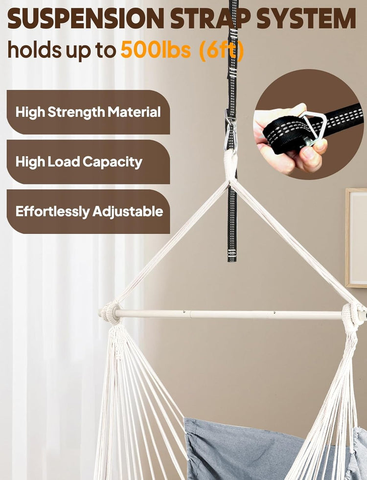 Hammock Chair Hanging Swing Max 500 Lbs 2 Cushions Included Metal Spreader Bar with Anti-Slip Grooves Portable Hanging Chair Side Pocket Large Macrame Bohemian Chair Indoor Outdoor by Cosmic Inventory