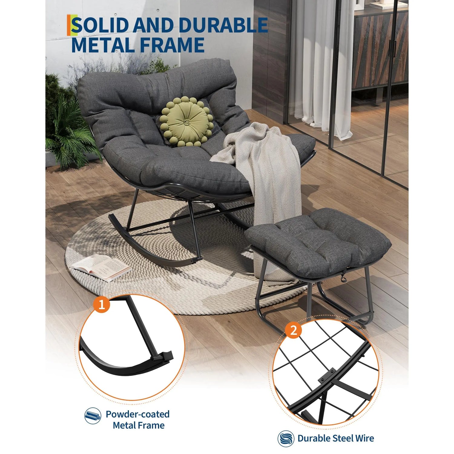 Oversized Outdoor Papasan Egg Rocking Chair with Ottoman – 5" Thick Cushion – Heavy Duty Steel Frame & Uv-Resistant Wicker – 350 Lbs Capacity – Modern Patio Lounge Chair for Balcony, Garden, Living Room by Cosmic Inventory