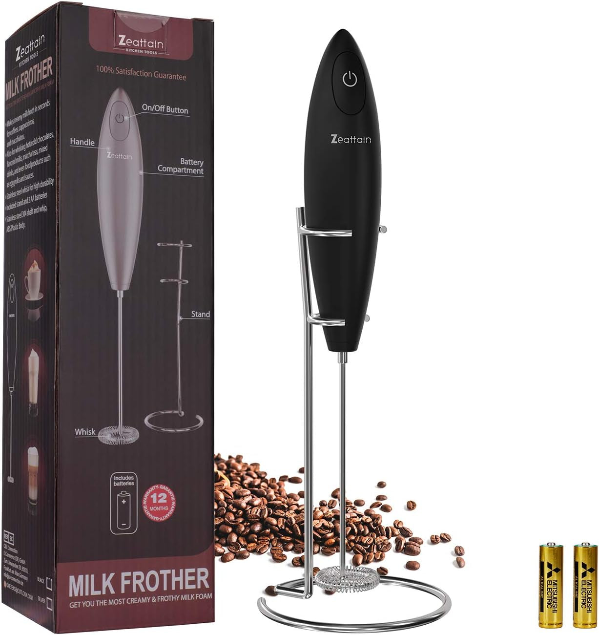 Milk Frother Handheld Mixer, Battery Operated Electric Whisk Foam Maker for Cappuccino,Latte,Coffee,Matcha & More - Black by Cosmic Inventory