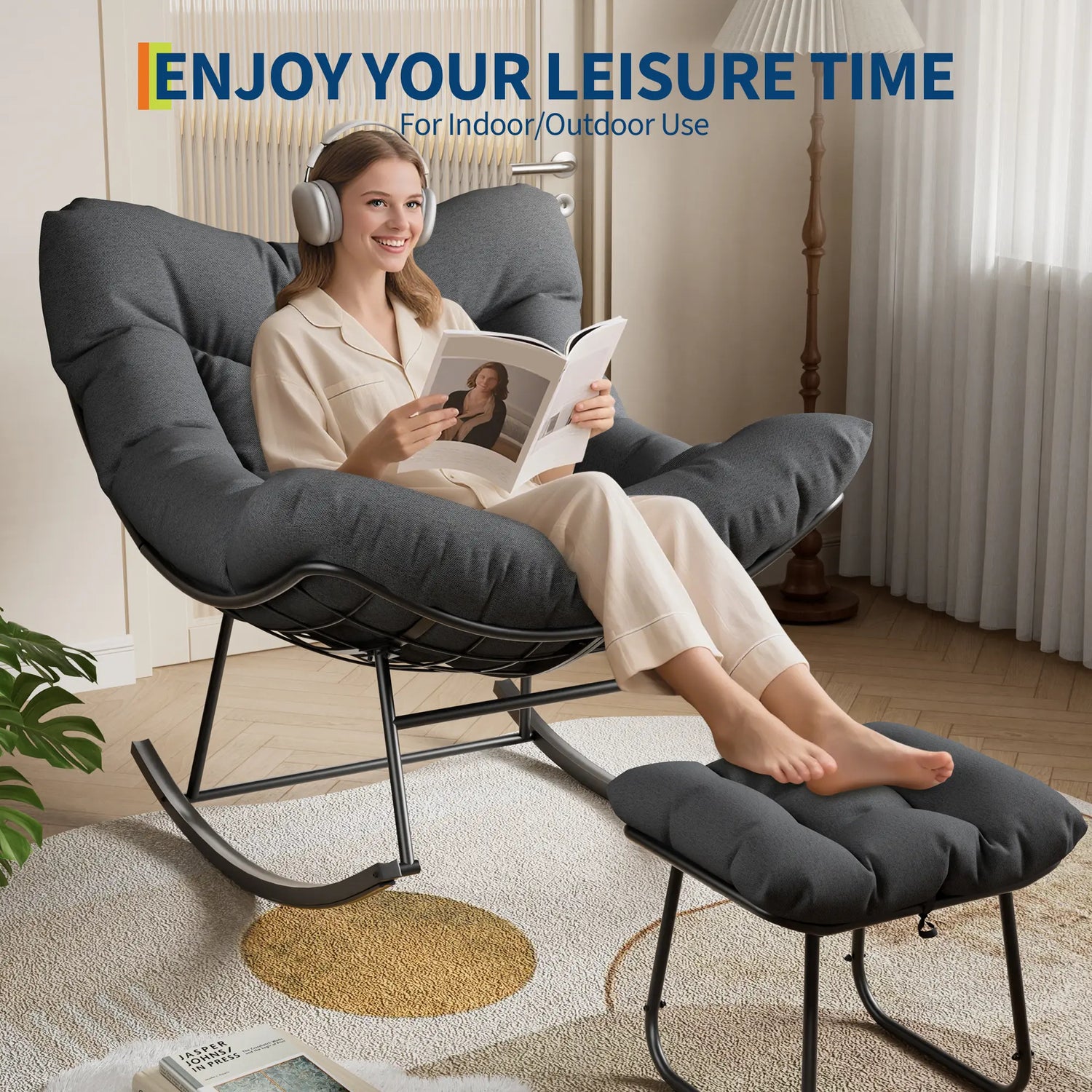 Oversized Outdoor Papasan Egg Rocking Chair with Ottoman – 5" Thick Cushion – Heavy Duty Steel Frame & Uv-Resistant Wicker – 350 Lbs Capacity – Modern Patio Lounge Chair for Balcony, Garden, Living Room by Cosmic Inventory