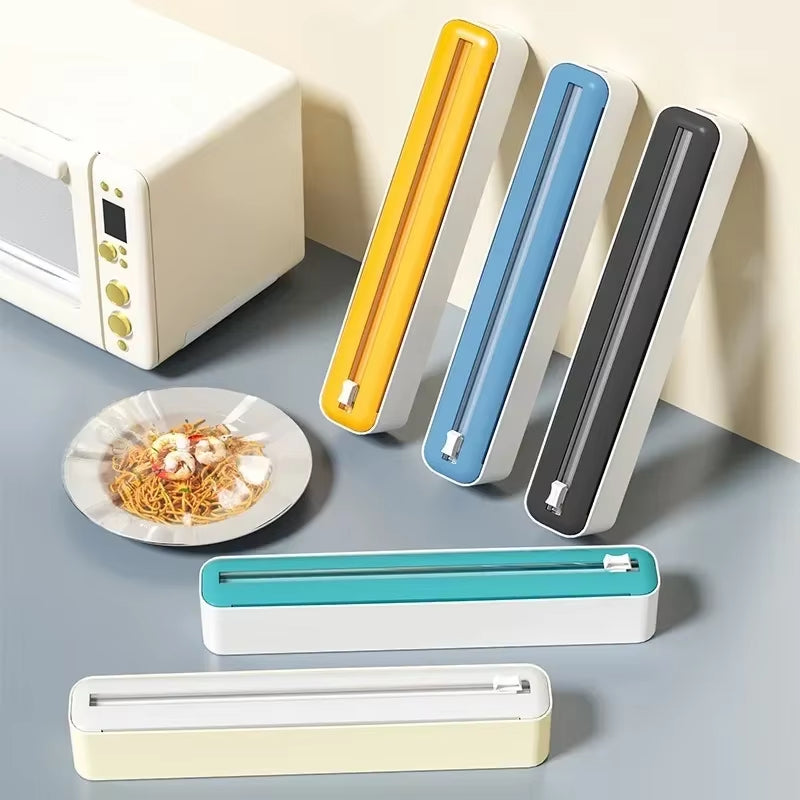 2 in 1 Food Film Dispenser Wrap Dispenser with Cutter Storage Box Aluminum Foil Stretch Film Cutter Wall Shelf Kitchen Organizer by Cosmic Inventory