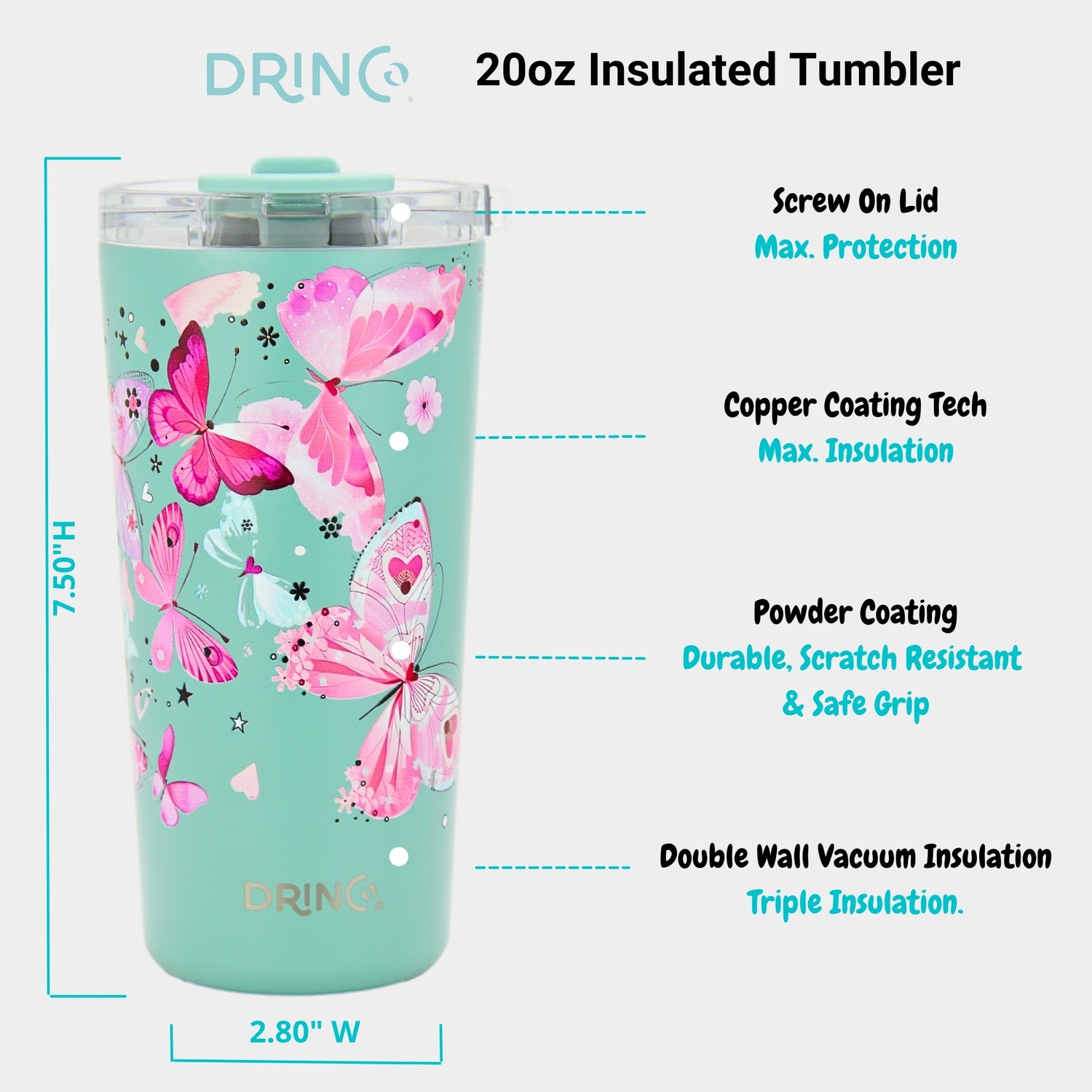DRINCO® Seattle 20oz Insulated Tumbler Leakproof w/straw-Butterfly by Orchid Lavender Tumblers