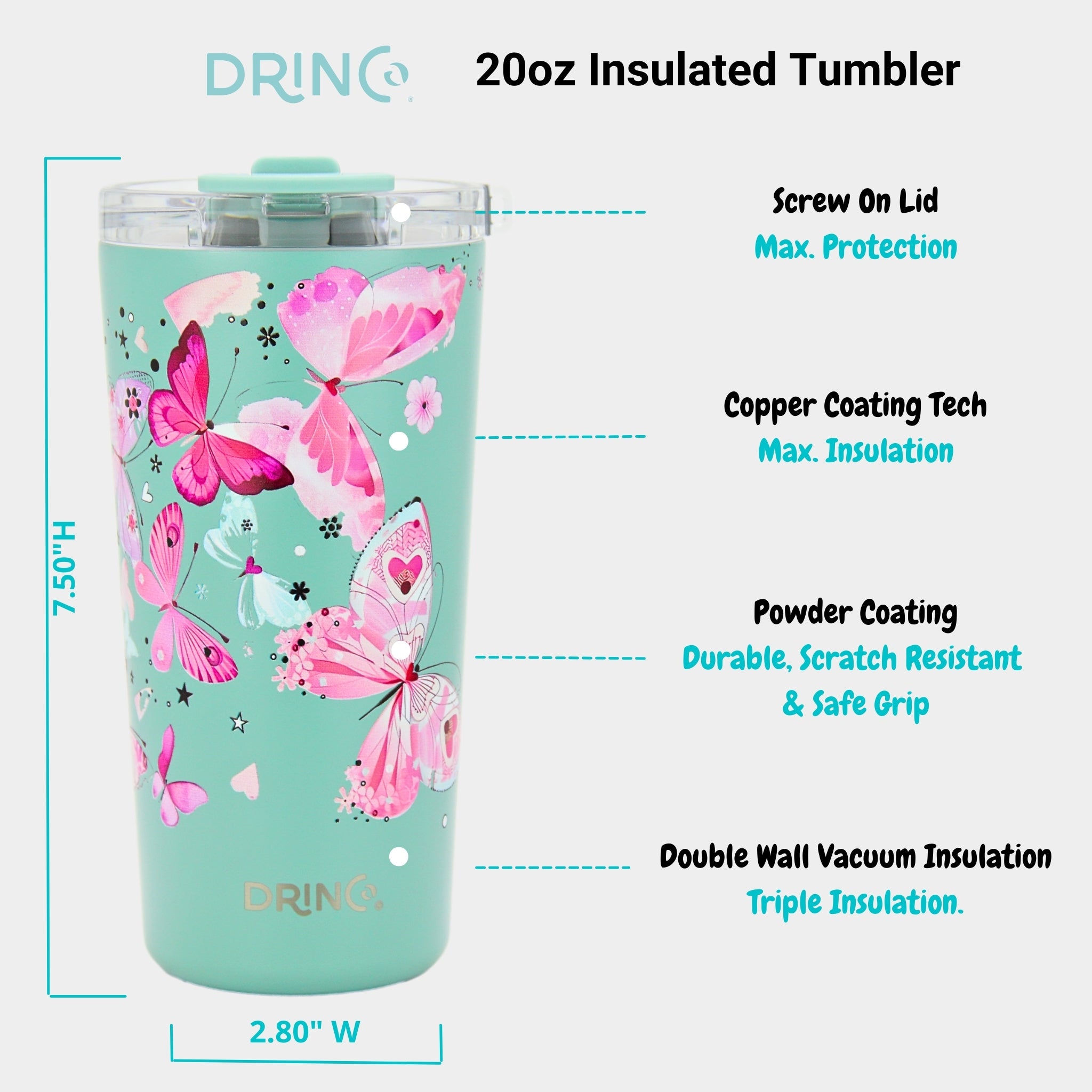 DRINCO® Seattle 20oz Insulated Tumbler Leakproof w/straw-Butterfly by Orchid Lavender Tumblers