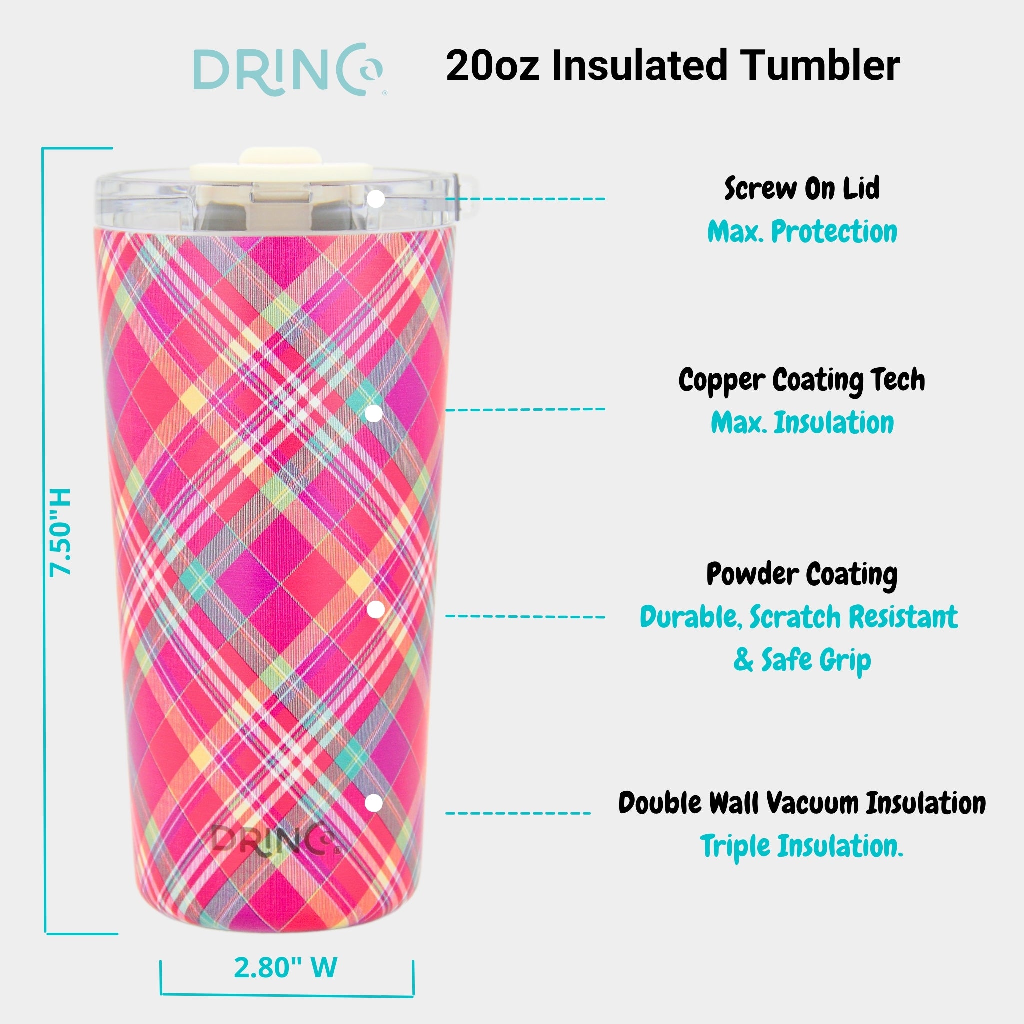 DRINCO® Seattle 20oz Insulated Tumbler Leakproof w/straw-Madras Plaid by Orchid Lavender Tumblers