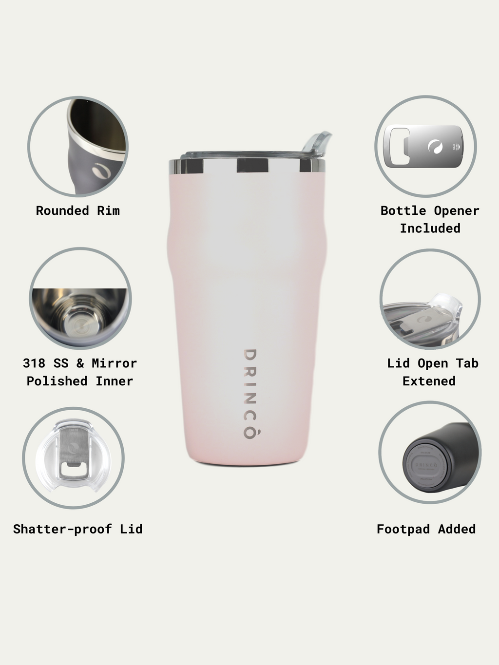DRINCO 20oz Insulated Tumbler Beer Mug-Bottle Opener THOR-(Pale Pink) by Orchid Lavender Tumblers