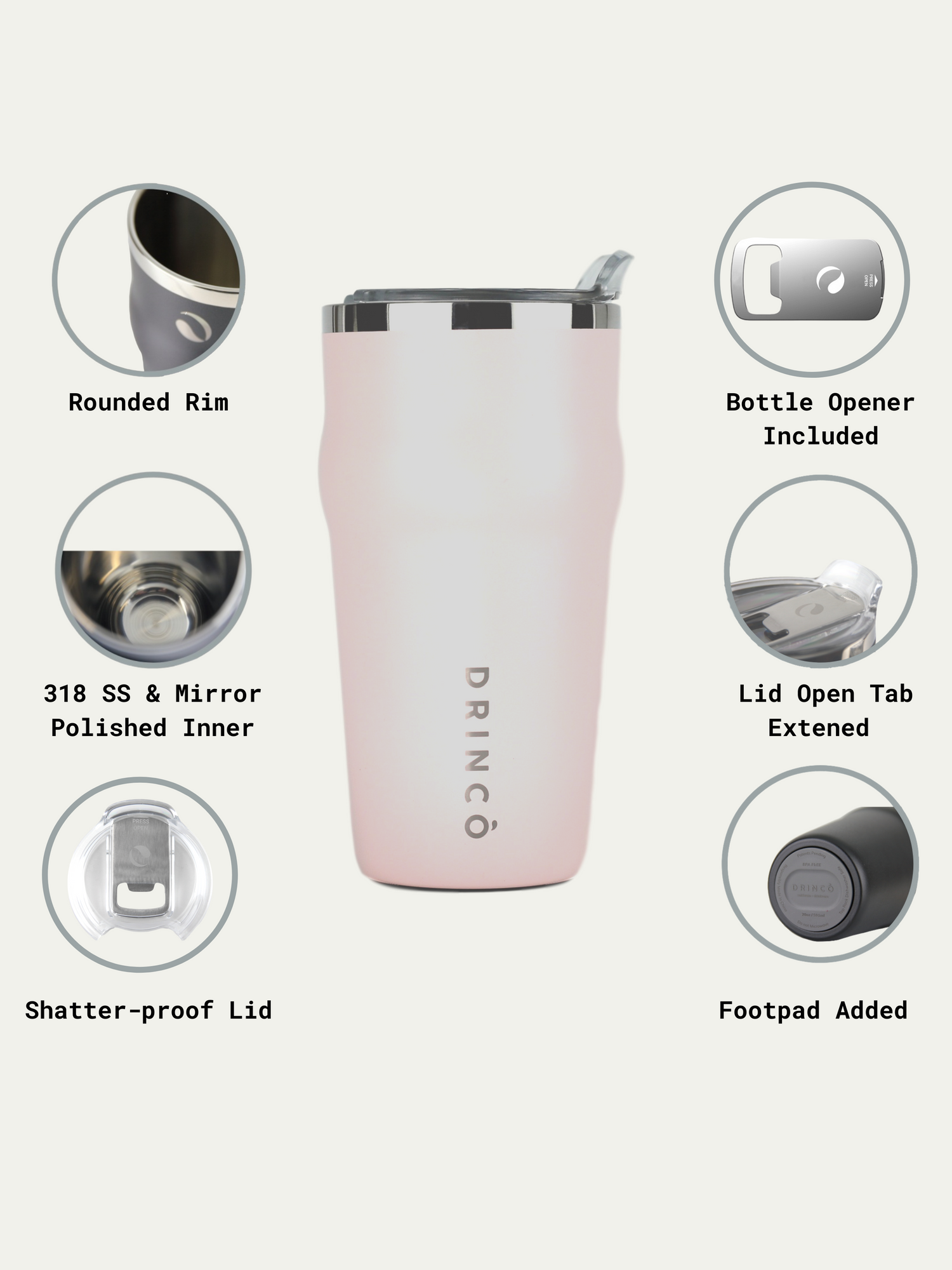 DRINCO 20oz Insulated Tumbler Beer Mug-Bottle Opener THOR-(Pale Pink) by Orchid Lavender Tumblers
