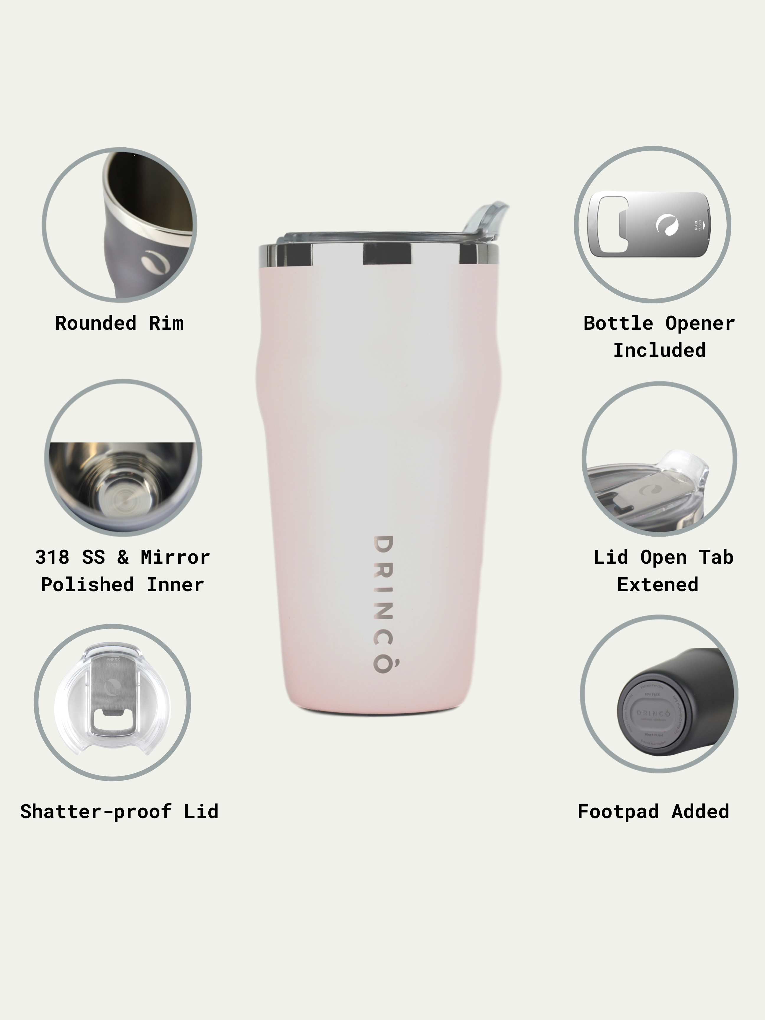 DRINCO 20oz Insulated Tumbler Beer Mug-Bottle Opener THOR-(Pale Pink) by Orchid Lavender Tumblers