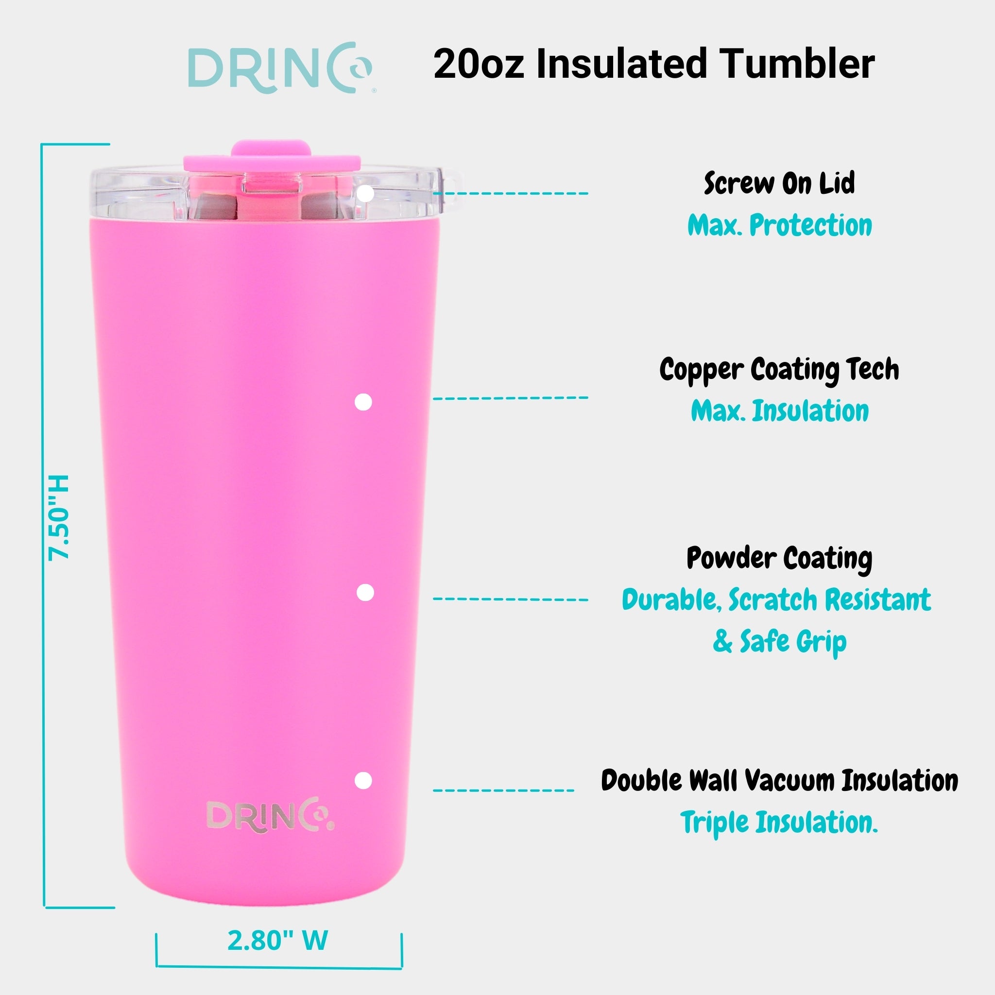 DRINCO® Seattle 20oz Insulated Tumbler Spill Proof Lid w/straw-Pink by Orchid Lavender Tumblers