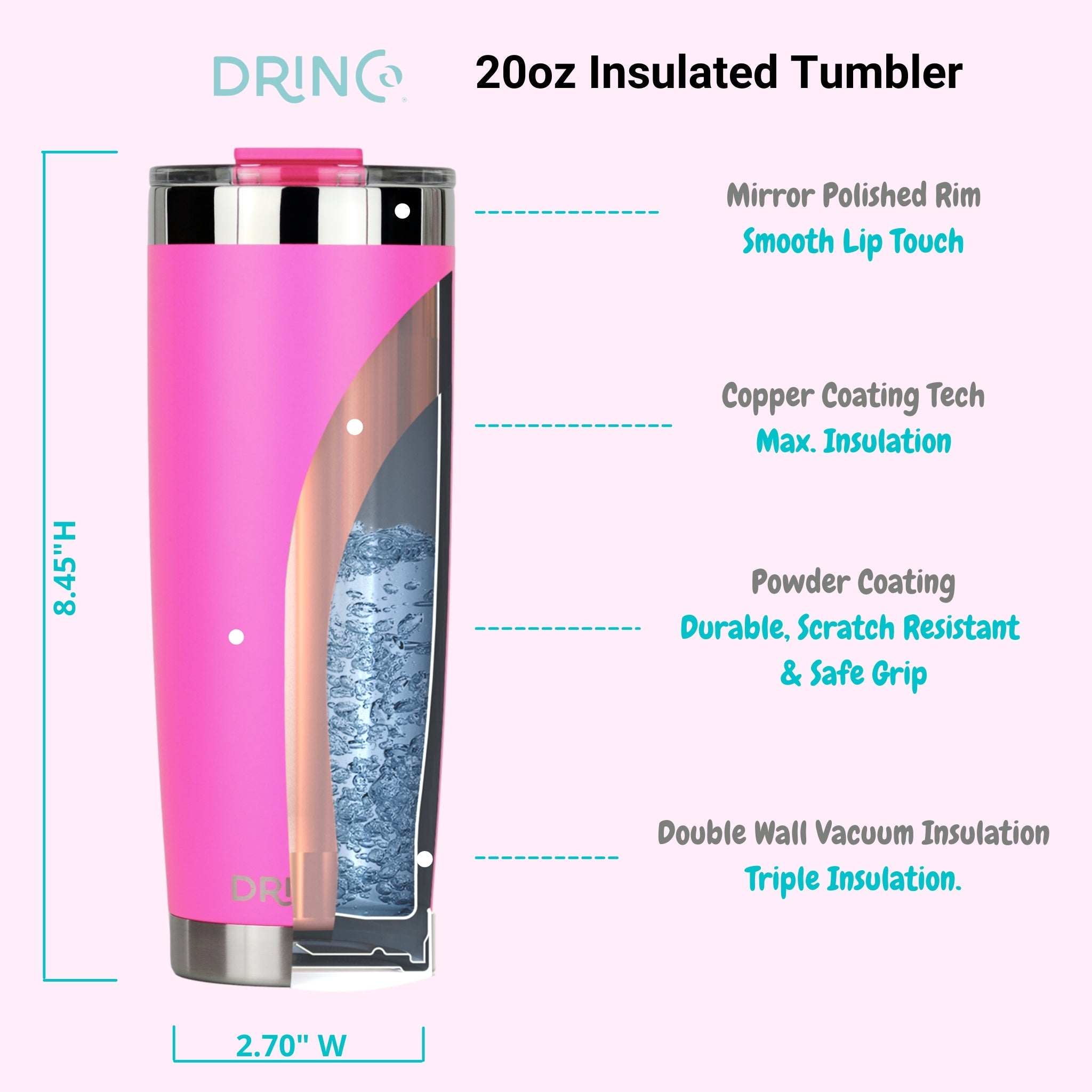 DRINCO® 20oz Insulated Tumbler Spill Proof Lid 2 Straws(Island Pink) by Orchid Lavender Tumblers