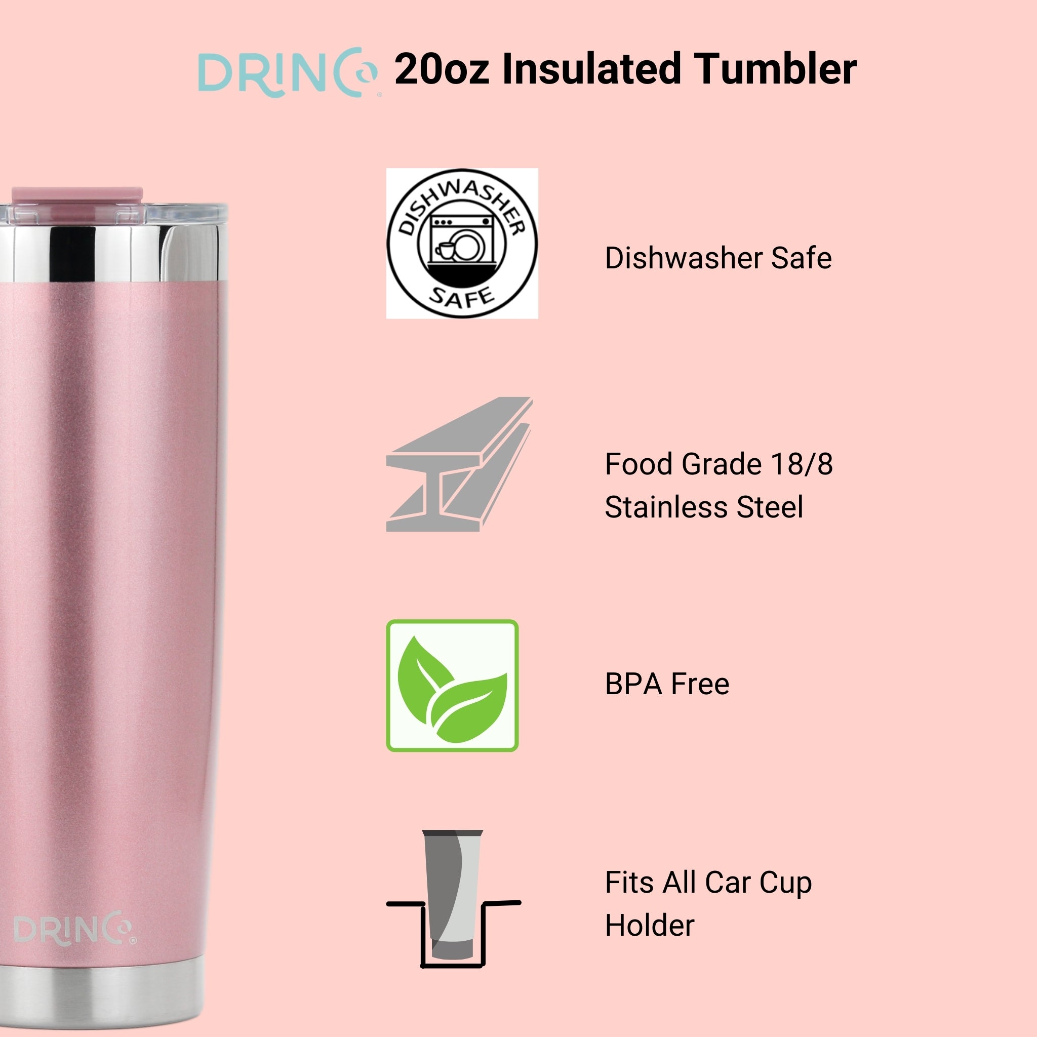 DRINCO® 20oz Insulated Tumbler Spill Proof Lid 2 Straws-Rose Gold-Xmas by Orchid Lavender Tumblers
