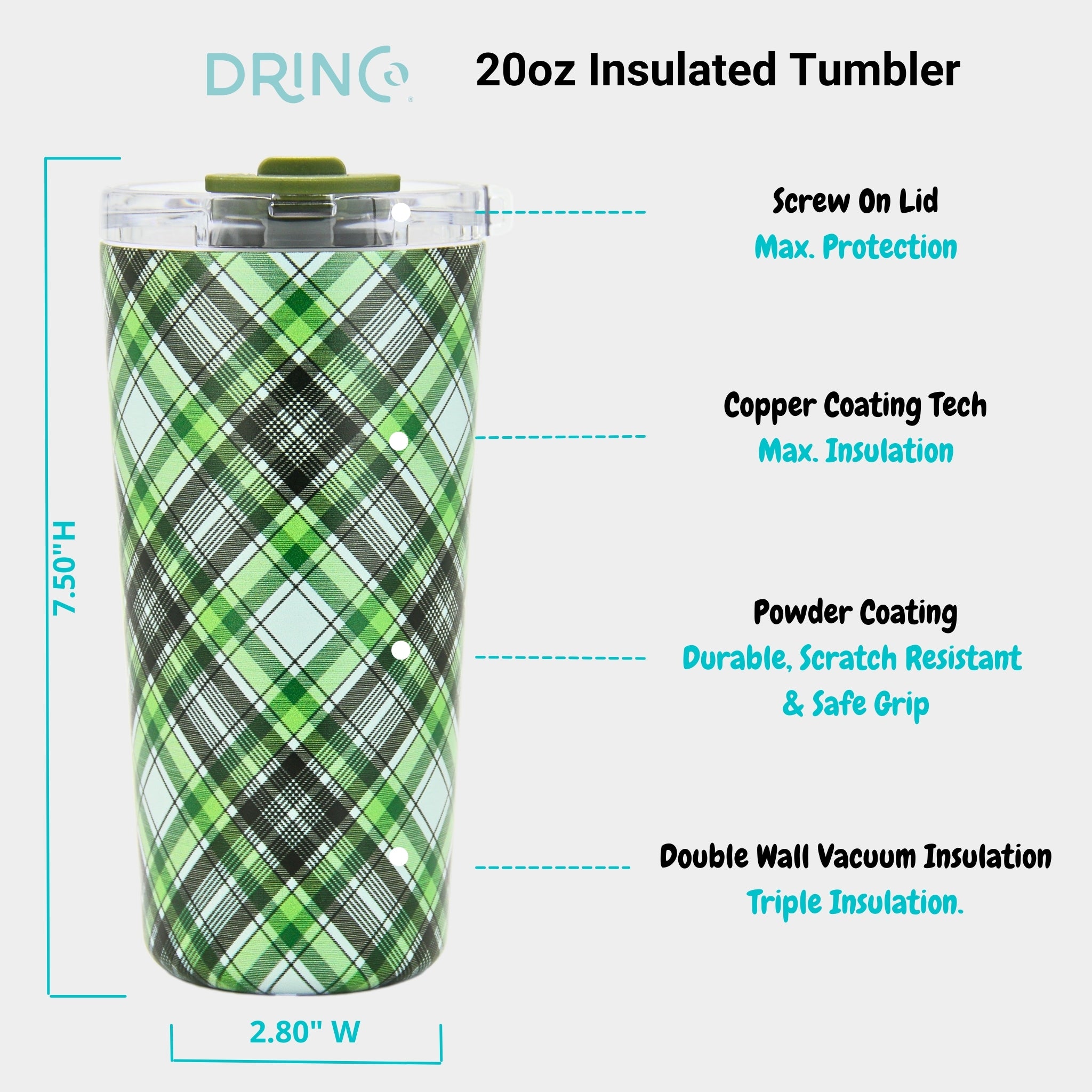 DRINCO® Seattle 20oz Insulated Tumbler Leakproof w/straw-Ireland Plaid by Orchid Lavender Tumblers