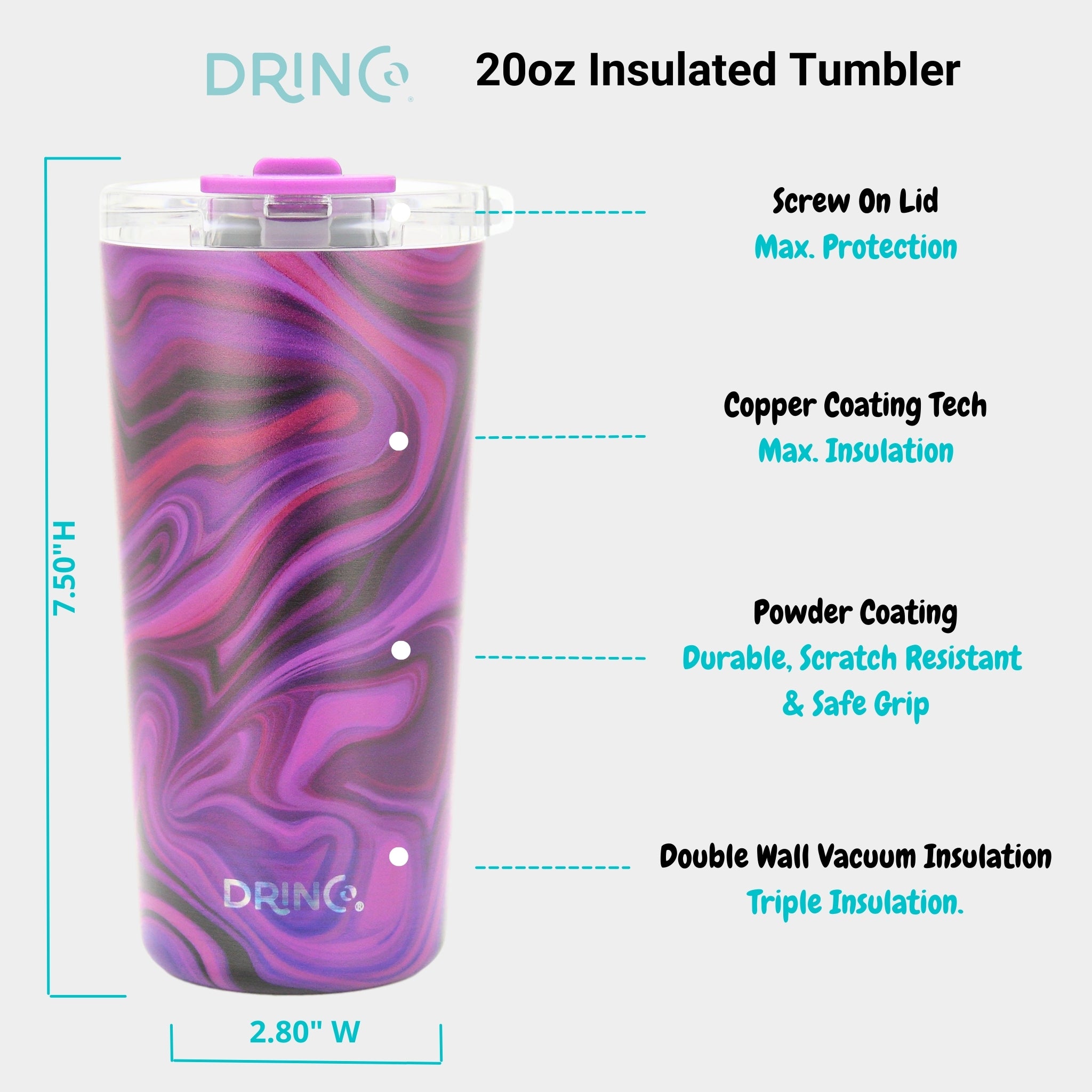 DRINCO® Seattle 20oz Insulated Tumbler Leakproof w/straw-Purple Swirl by Orchid Lavender Tumblers
