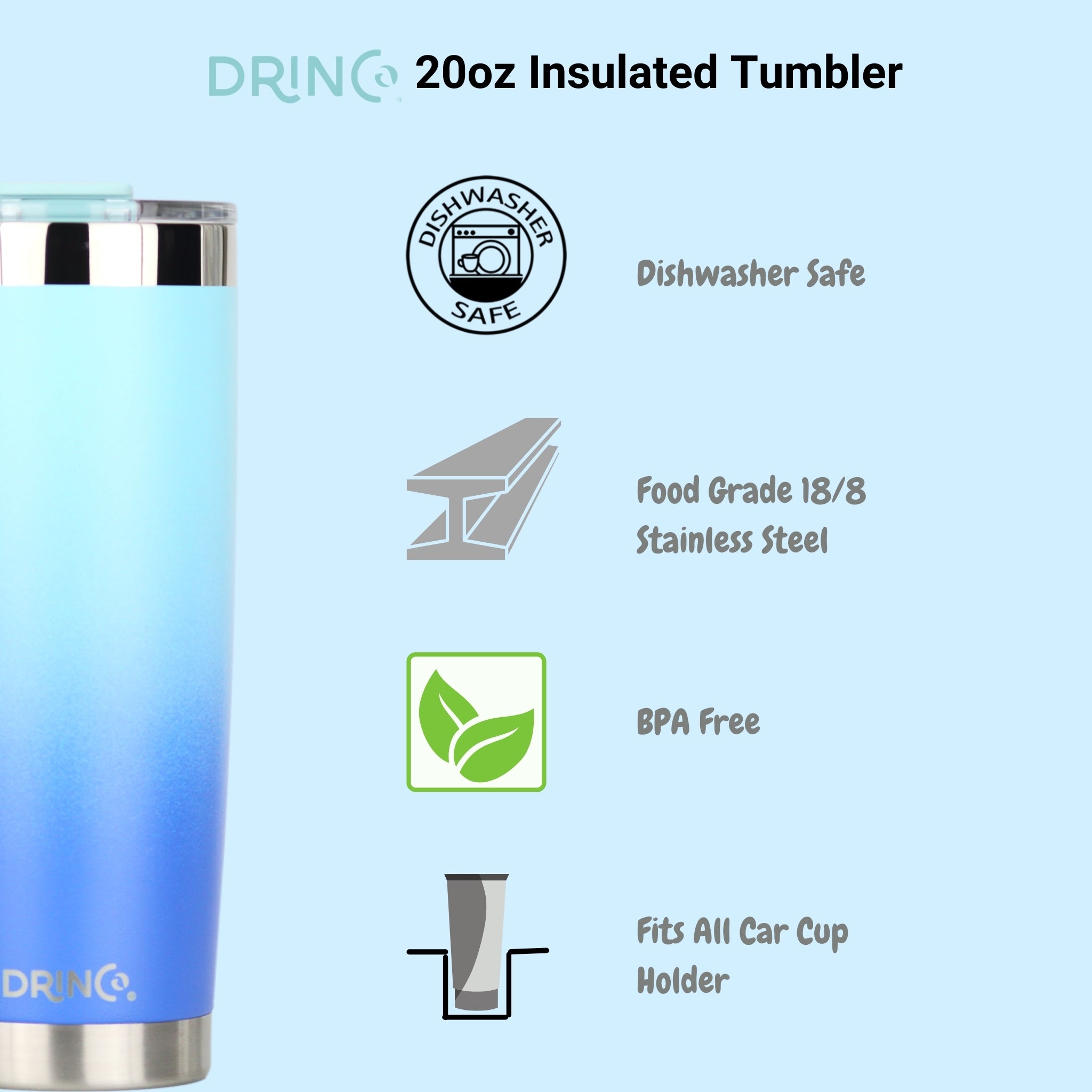 DRINCO® 20oz Insulated Tumbler Spill Proof Lid 2 Straws(SkyBlue) by Orchid Lavender Tumblers