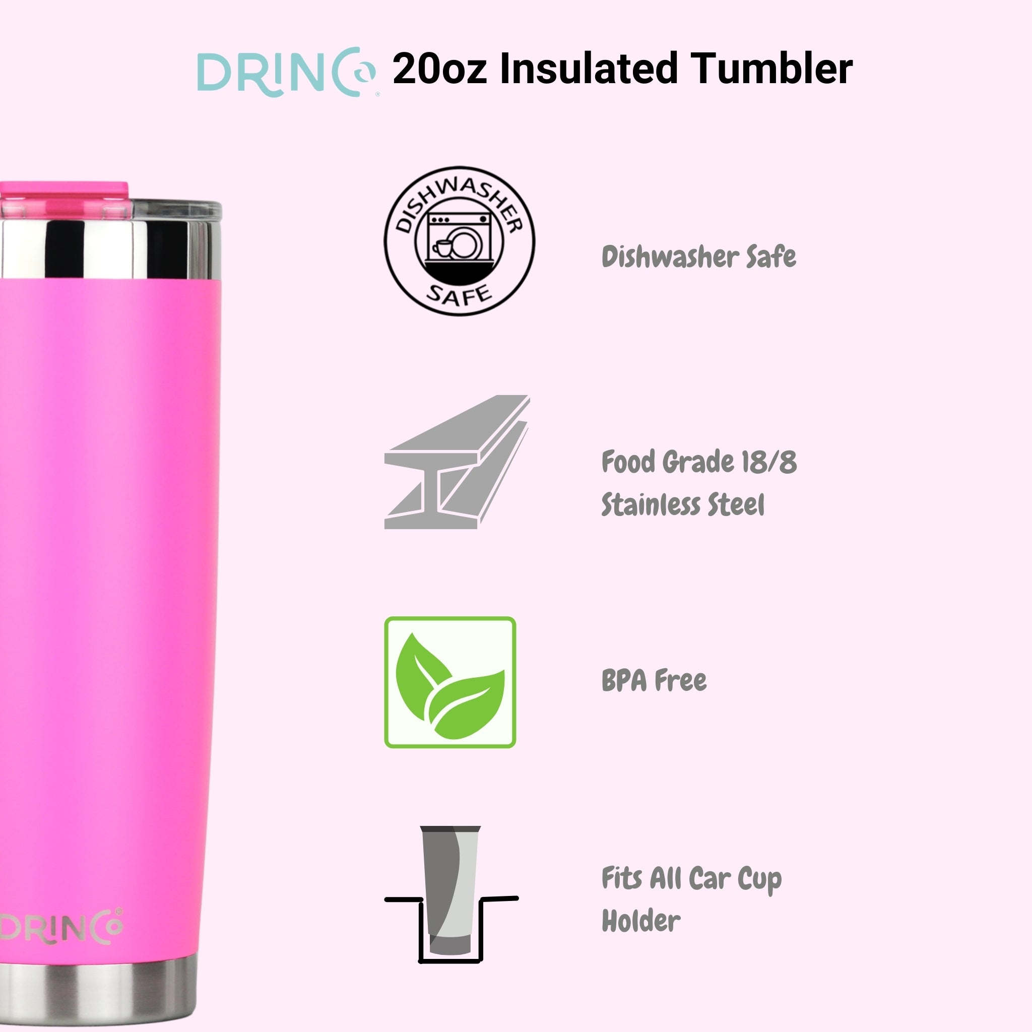 DRINCO® 20oz Insulated Tumbler Spill Proof Lid 2 Straws(Island Pink) by Orchid Lavender Tumblers
