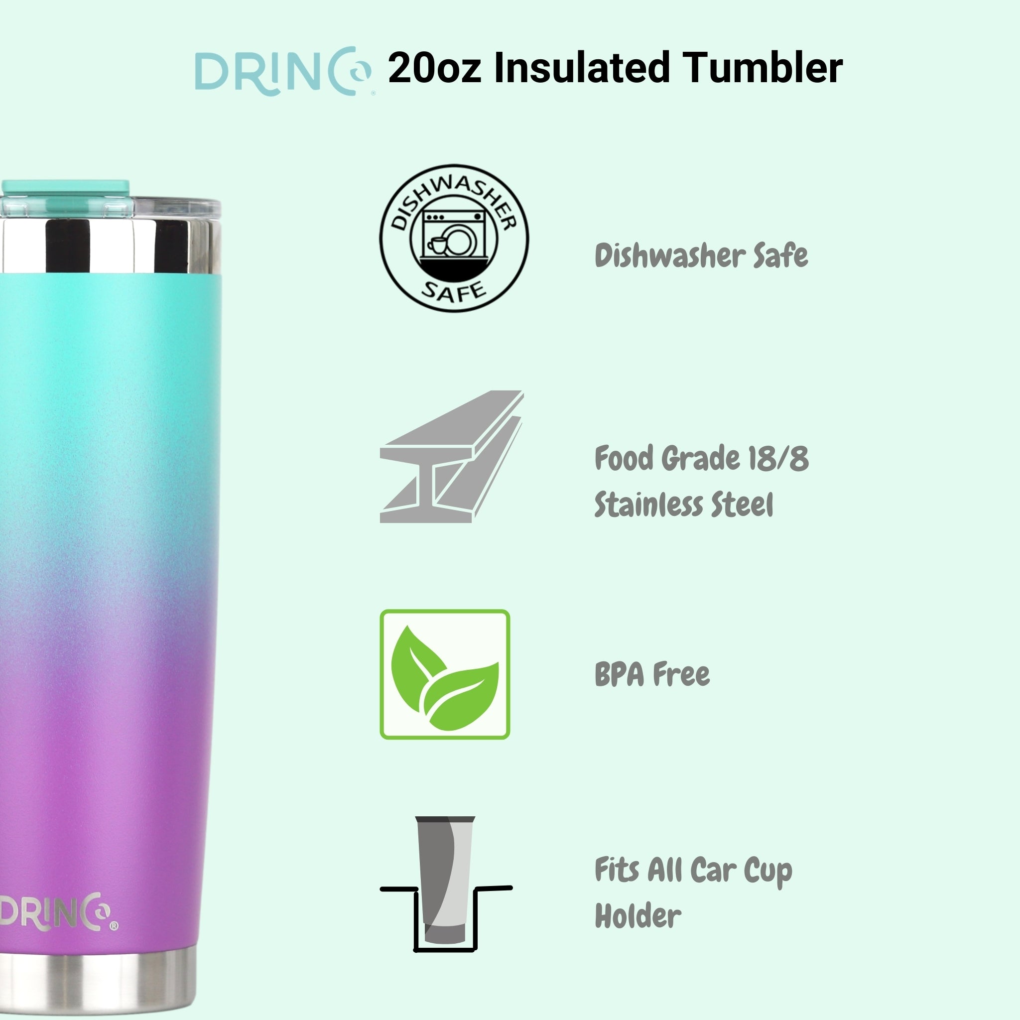 DRINCO® 20oz Insulated Tumbler Spill Proof Lid 2 Straws(Ombre Teal) by Orchid Lavender Tumblers