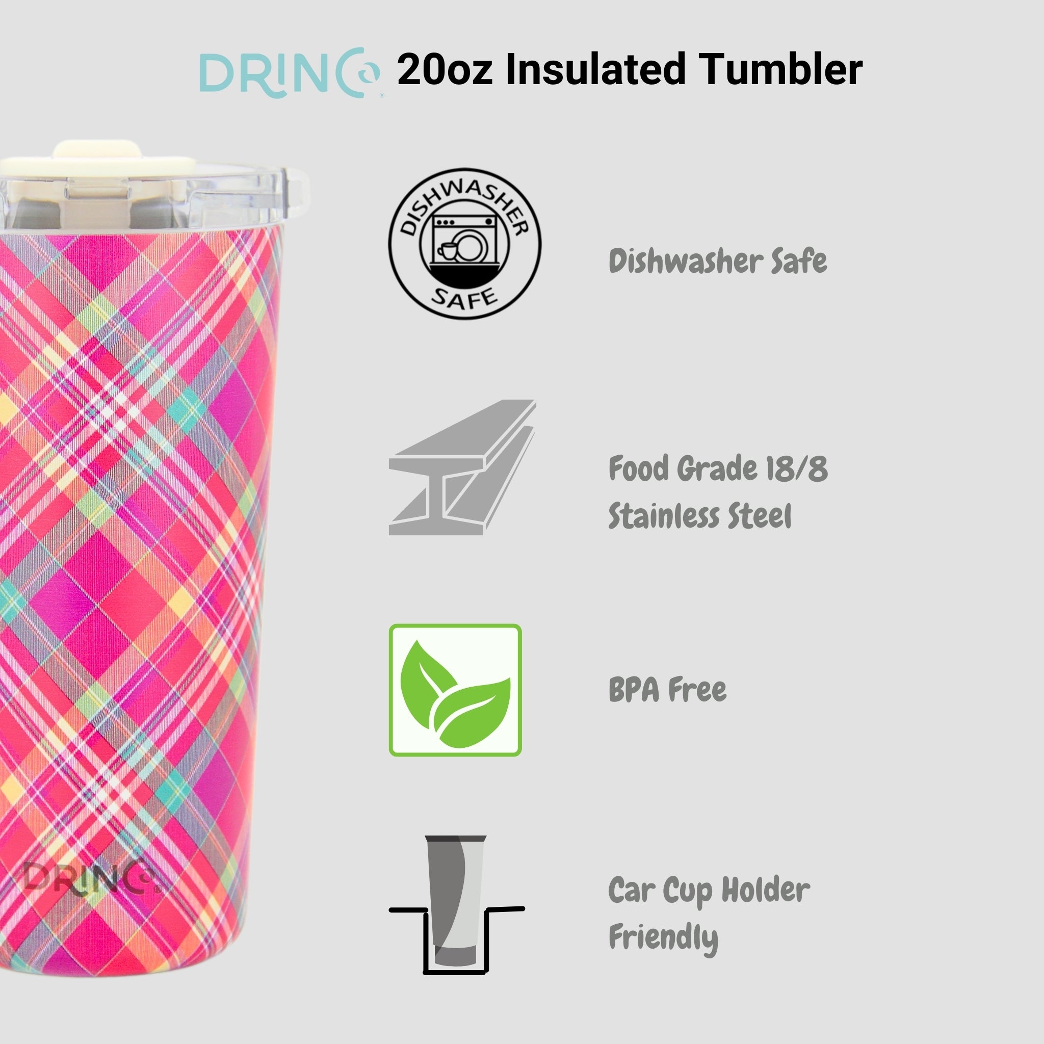 DRINCO® Seattle 20oz Insulated Tumbler Leakproof w/straw-Madras Plaid by Orchid Lavender Tumblers