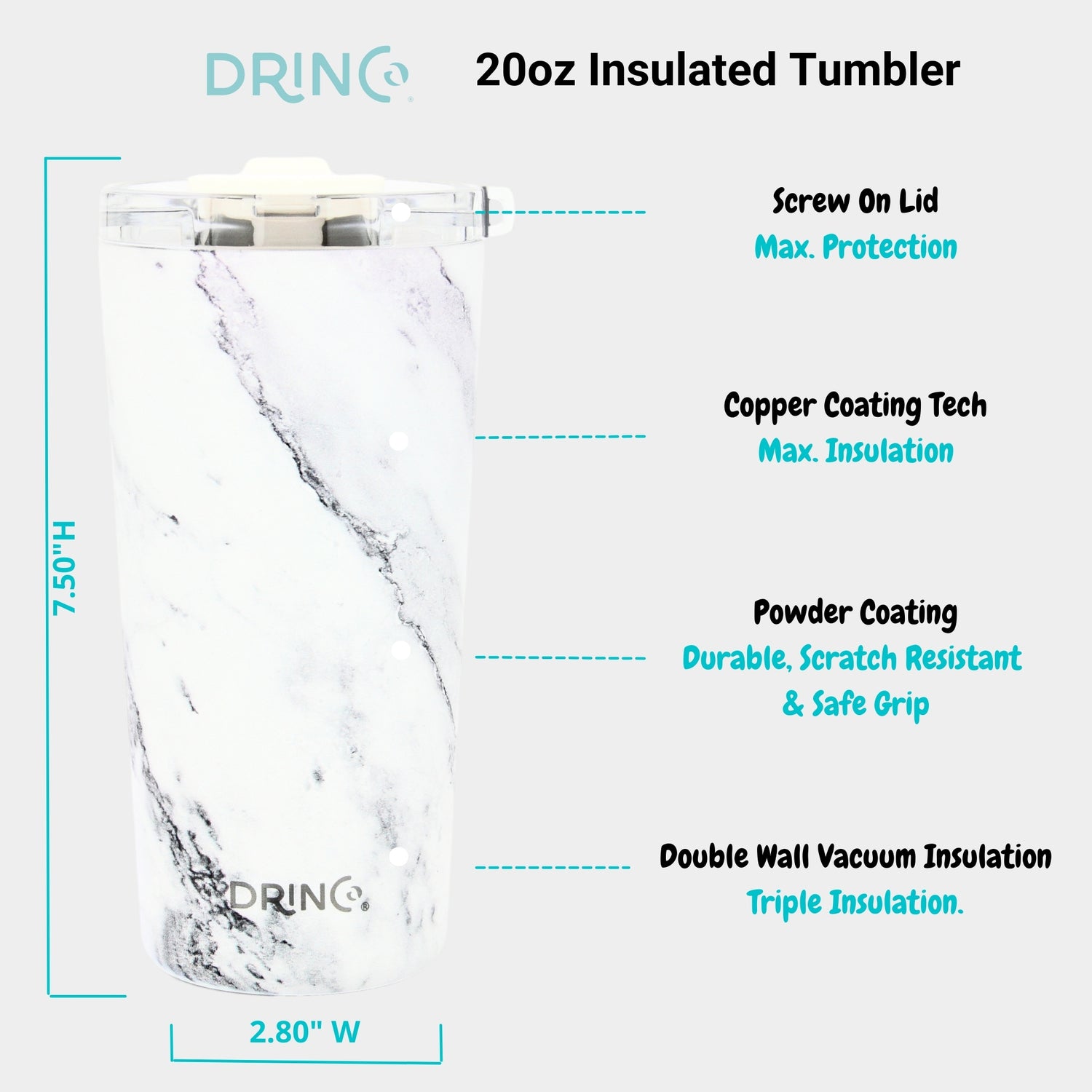 DRINCO® Seattle 20oz Insulated Tumbler Leakproof-Calacatta Marble by Orchid Lavender Tumblers