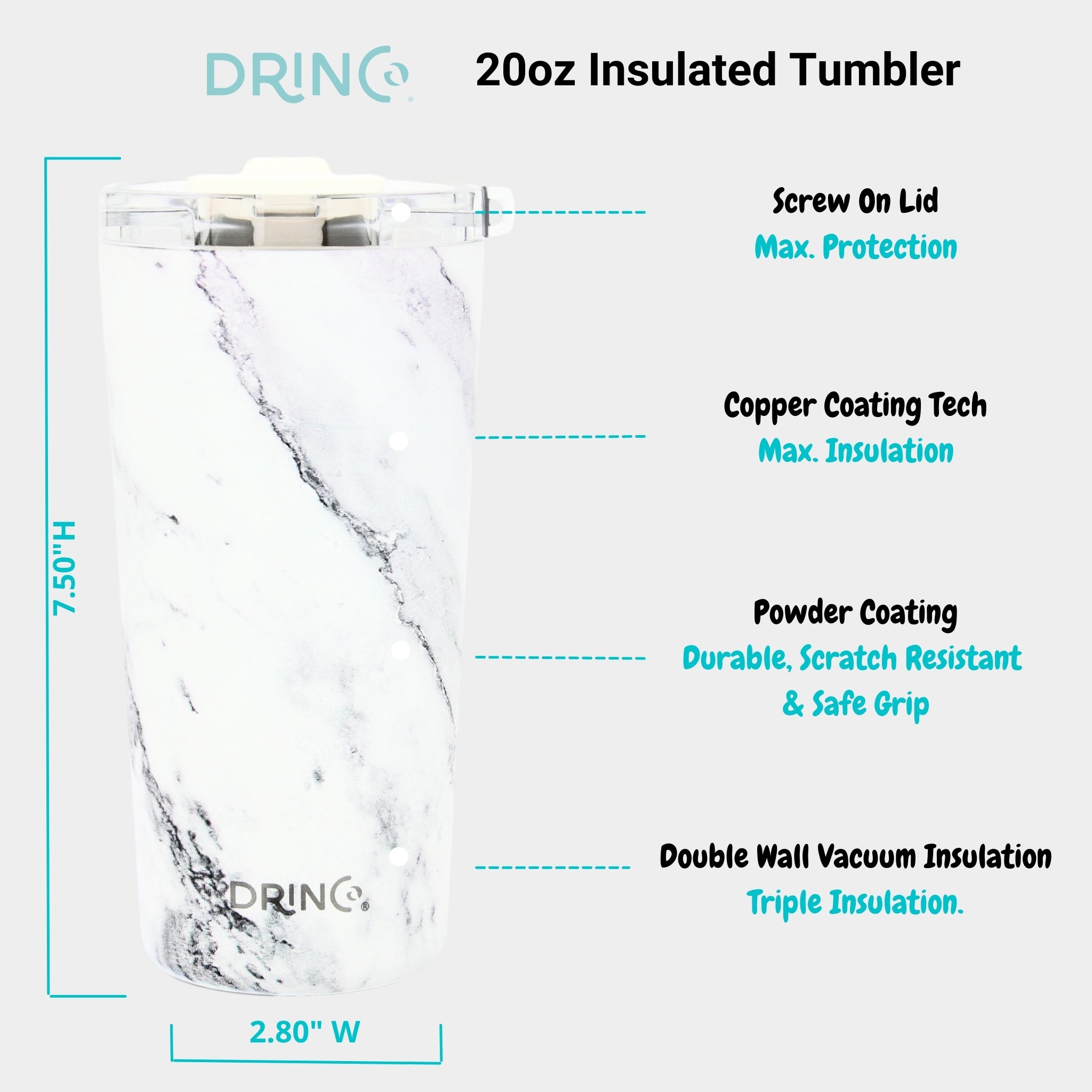 DRINCO® Seattle 20oz Insulated Tumbler Leakproof-Calacatta Marble by Orchid Lavender Tumblers