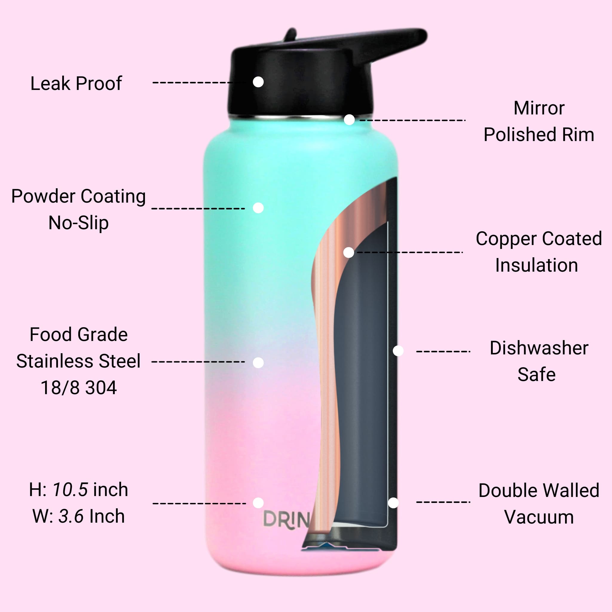 DRINCO® 32oz Stainless Steel Water Bottle (3 lids) - Macaron by Orchid Lavender Water Bottles