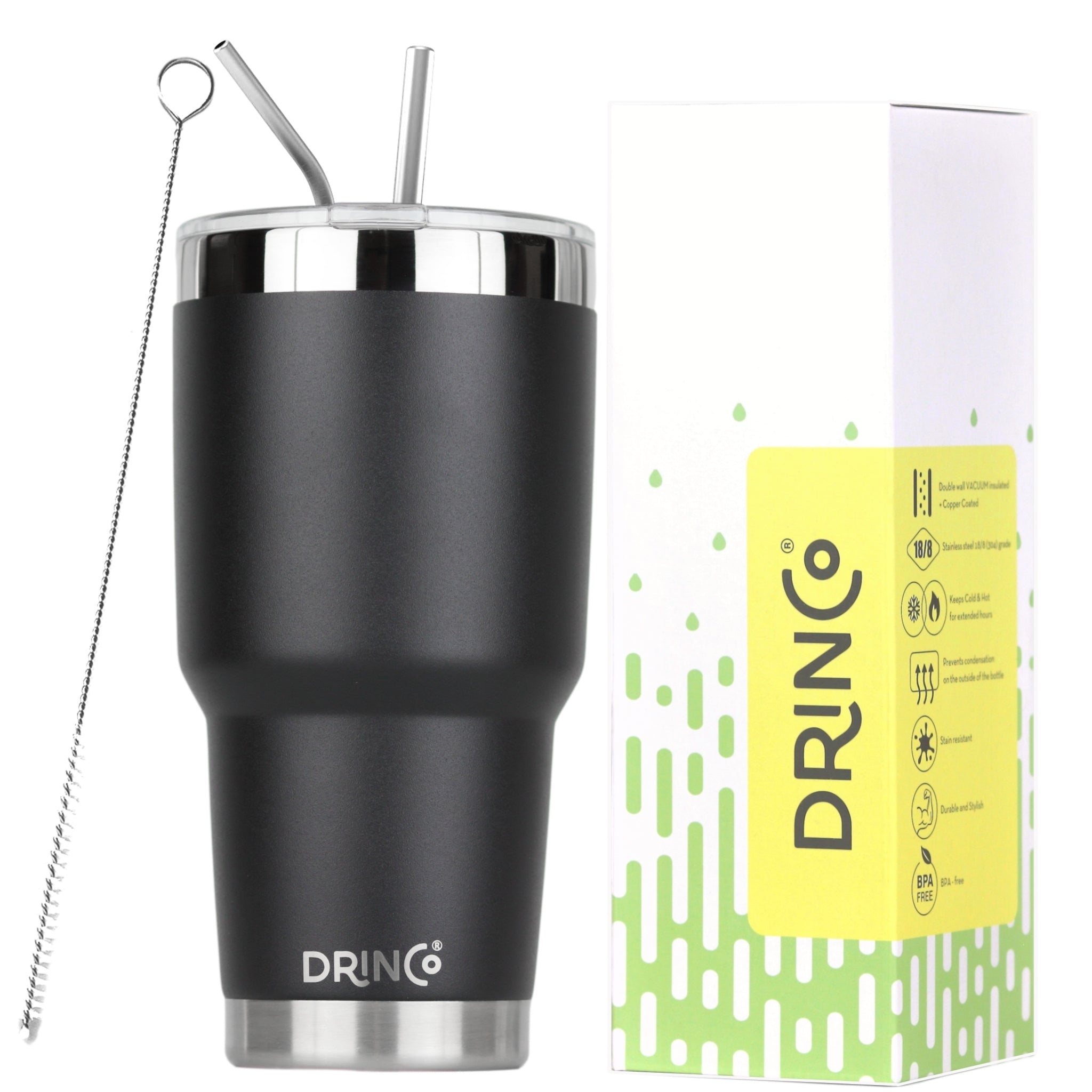 DRINCO® 30oz Insulated Tumbler Spill Proof Lid w/2 Straws (Black) by Orchid Lavender Tumblers