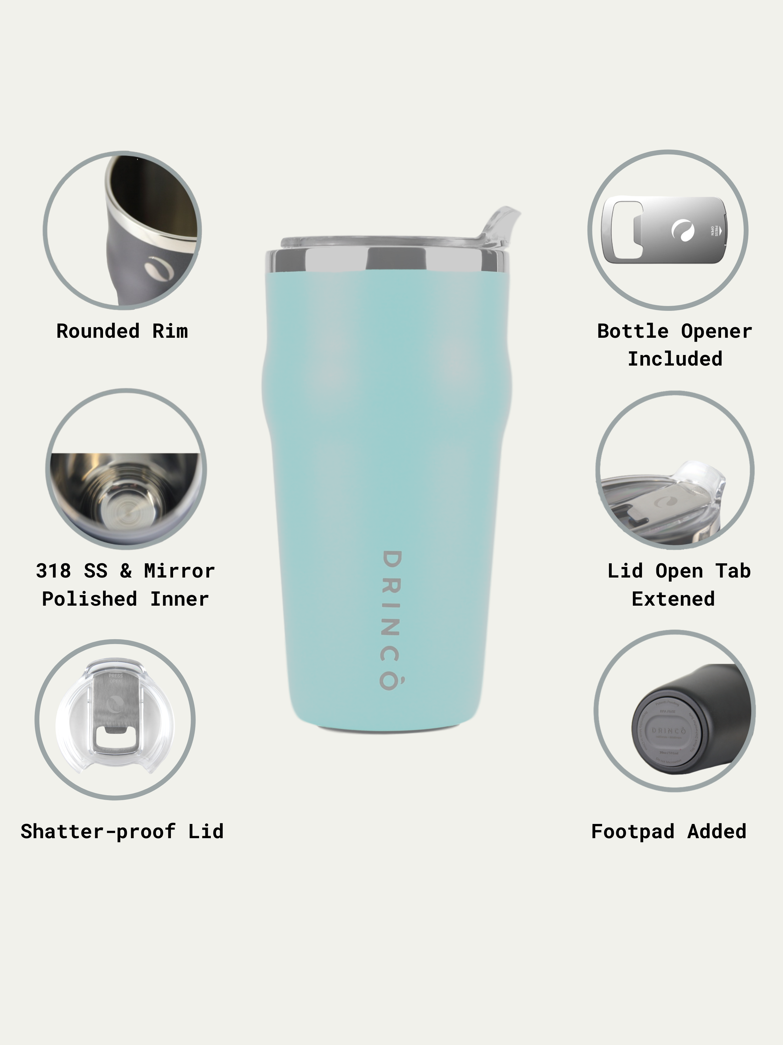 DRINCO 20oz Insulated Tumbler Beer Mug-Bottle Opener THOR-(Aquamarine) by Orchid Lavender Tumblers