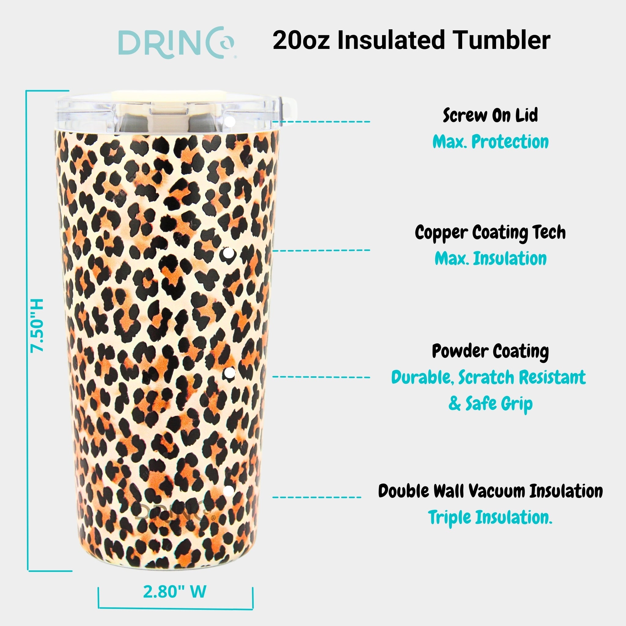 DRINCO® Seattle 20oz Insulated Tumbler Leakproof w/straw-Leopard by Orchid Lavender Tumblers
