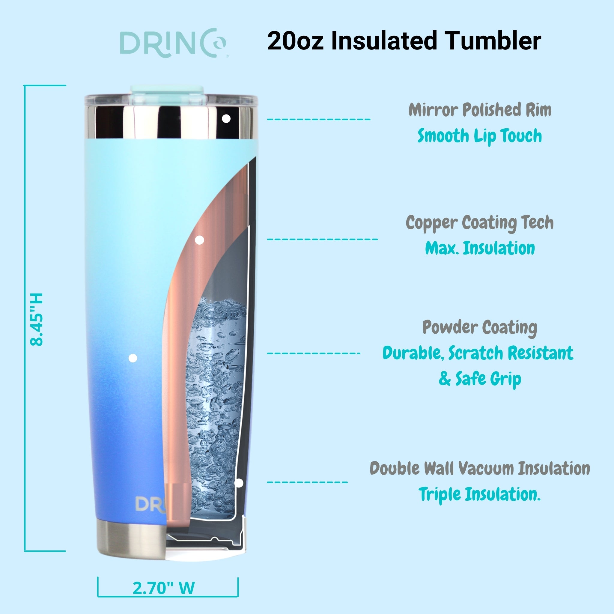 DRINCO® 20oz Insulated Tumbler Spill Proof Lid 2 Straws(SkyBlue) by Orchid Lavender Tumblers