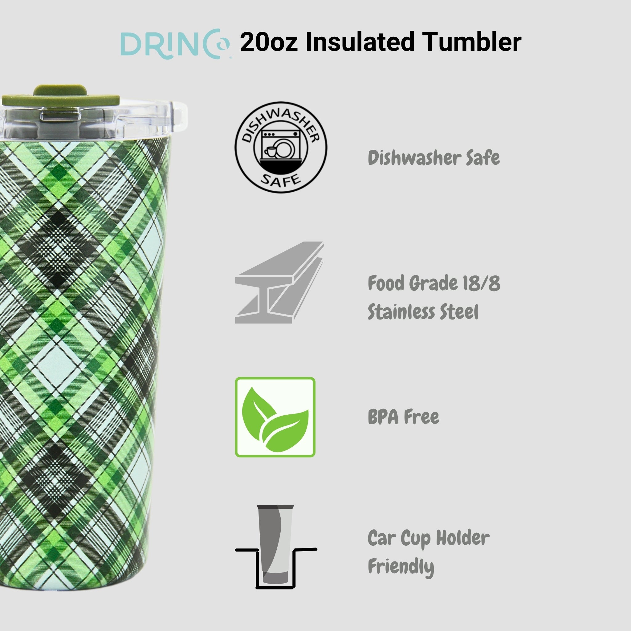DRINCO® Seattle 20oz Insulated Tumbler Leakproof w/straw-Ireland Plaid by Orchid Lavender Tumblers