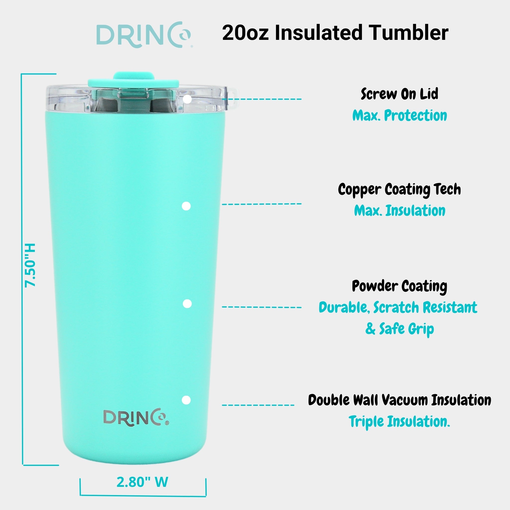 DRINCO® Seattle 20oz Insulated Tumbler Spill Proof Lid w/straw-Teal by Orchid Lavender Tumblers
