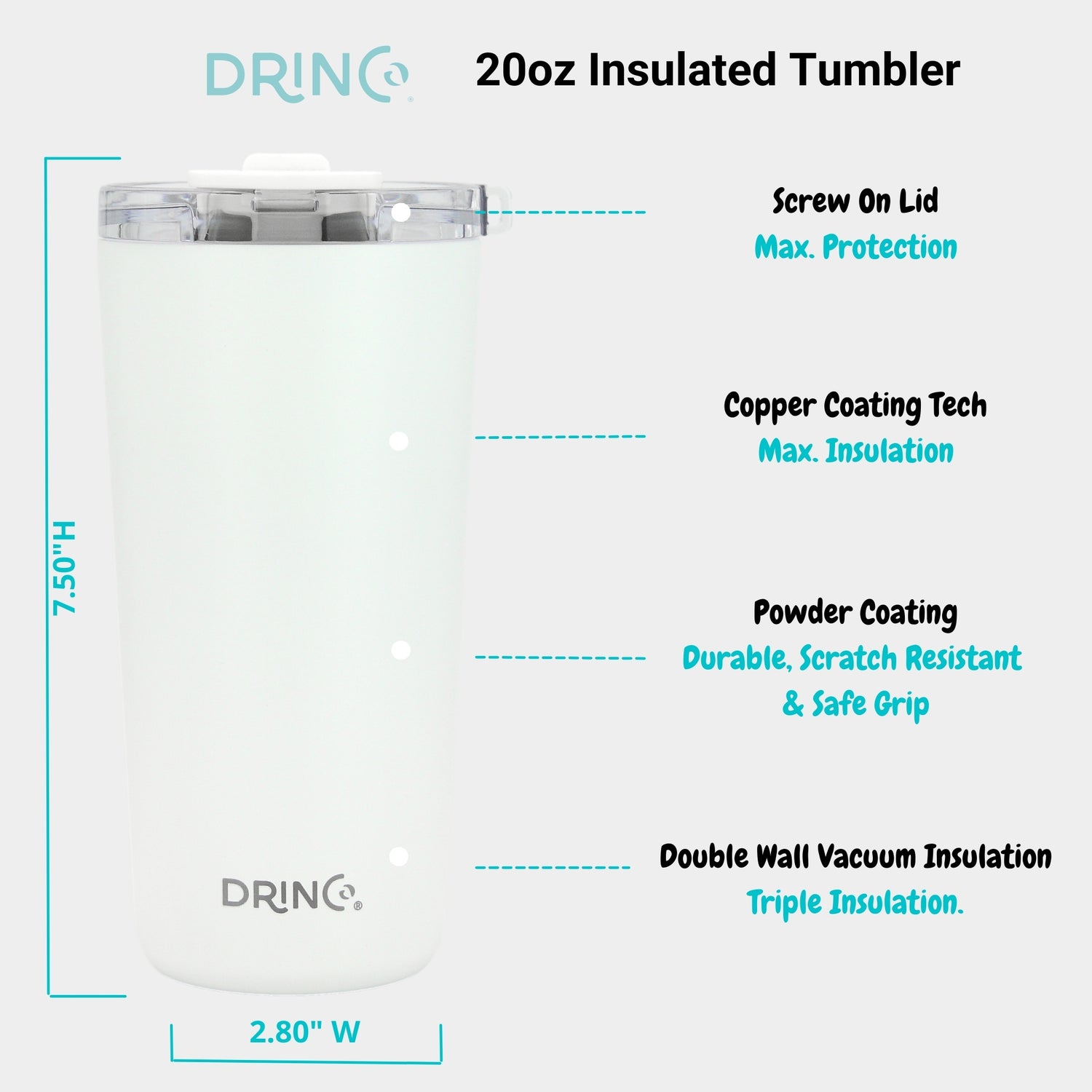 DRINCO® 20oz Insulated Tumbler Spill Proof Lid 2 Straws(Arctic White) by Orchid Lavender Tumblers