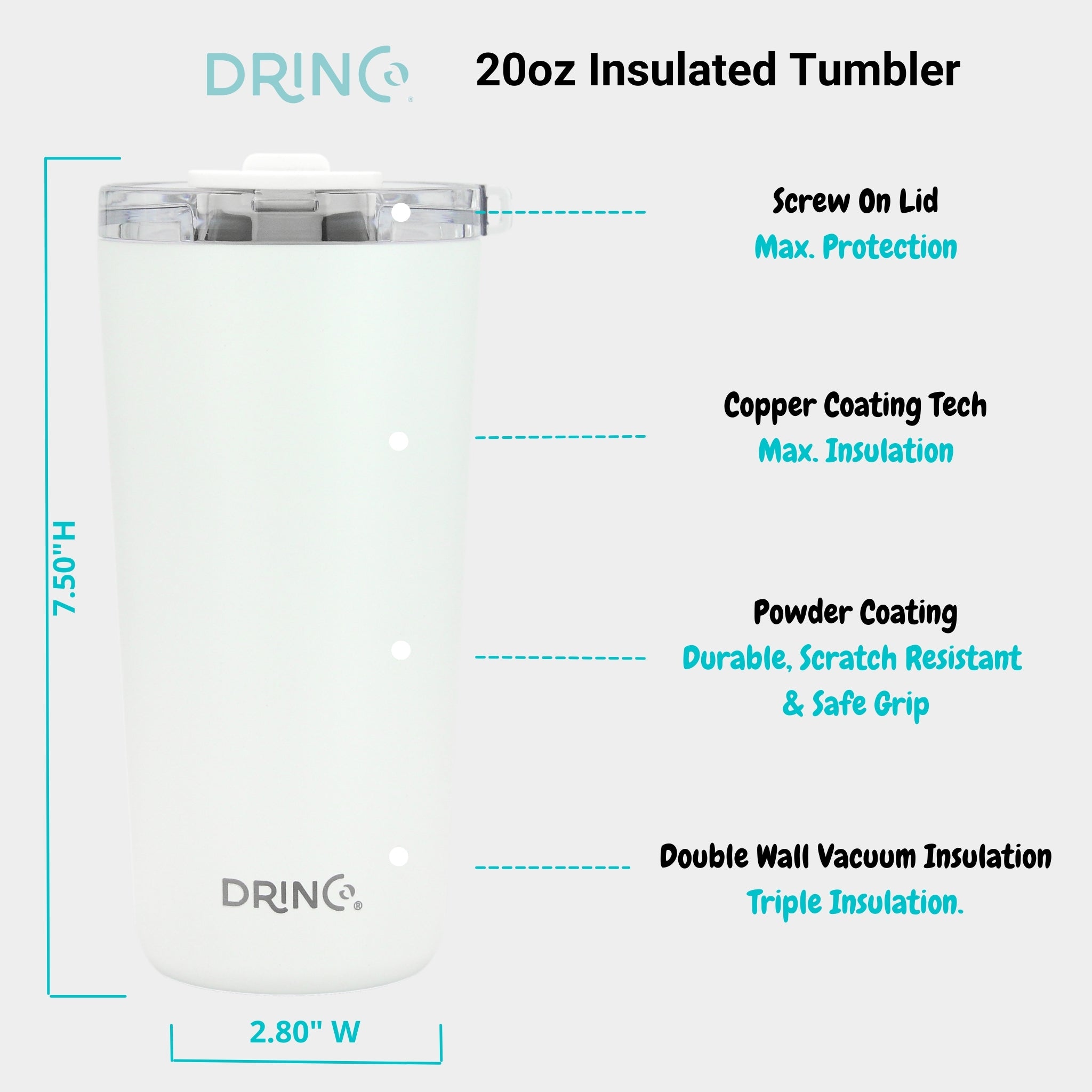 DRINCO® 20oz Insulated Tumbler Spill Proof Lid 2 Straws(Arctic White) by Orchid Lavender Tumblers