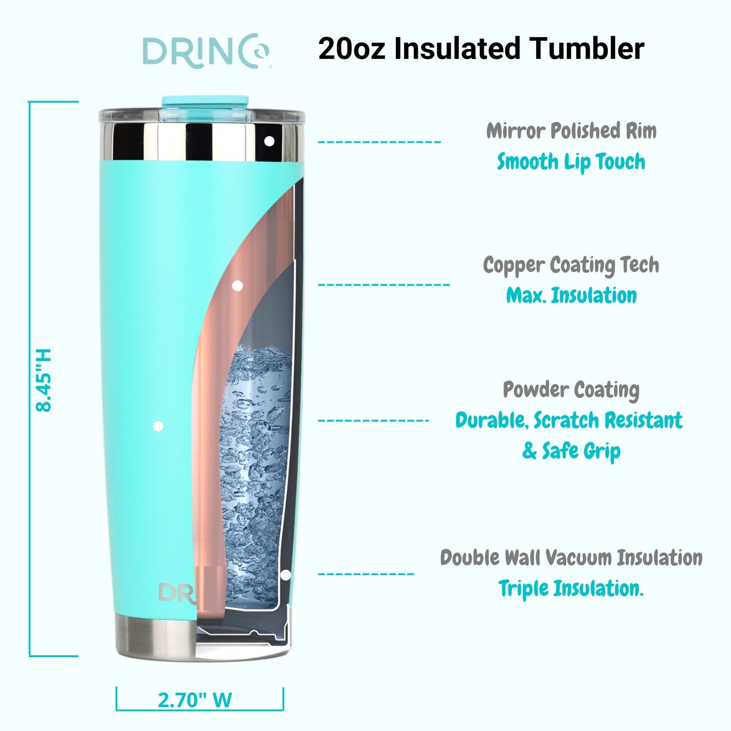 DRINCO® 20oz Insulated Tumbler w/Spill Proof Lid, 2 Straws(Teal) by Orchid Lavender Tumblers