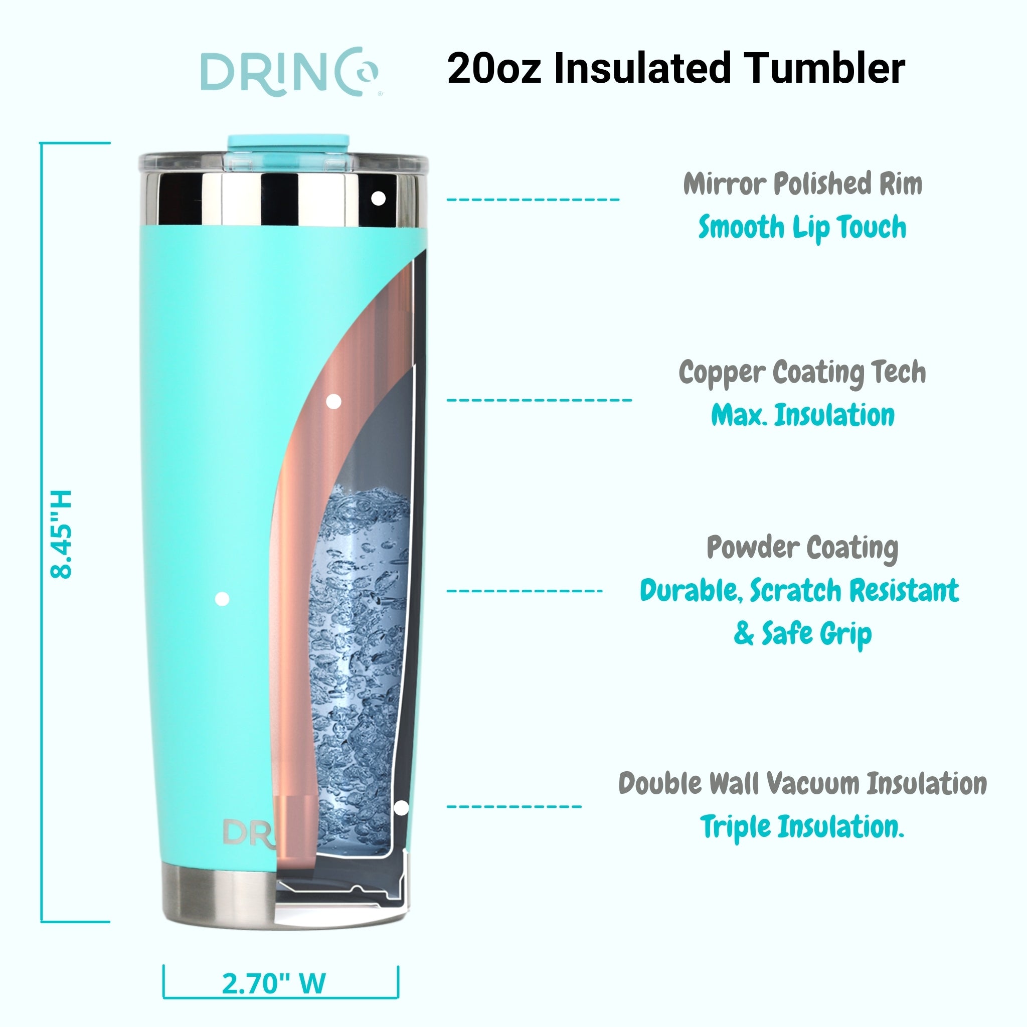DRINCO® 20oz Insulated Tumbler w/Spill Proof Lid, 2 Straws(Teal) by Orchid Lavender Tumblers