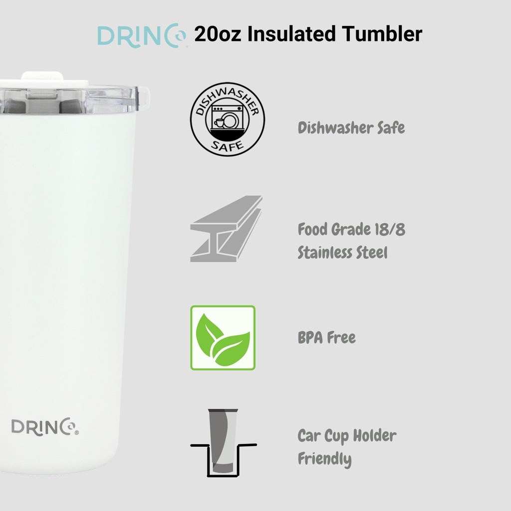 DRINCO® 20oz Insulated Tumbler Spill Proof Lid 2 Straws(Arctic White) by Orchid Lavender Tumblers